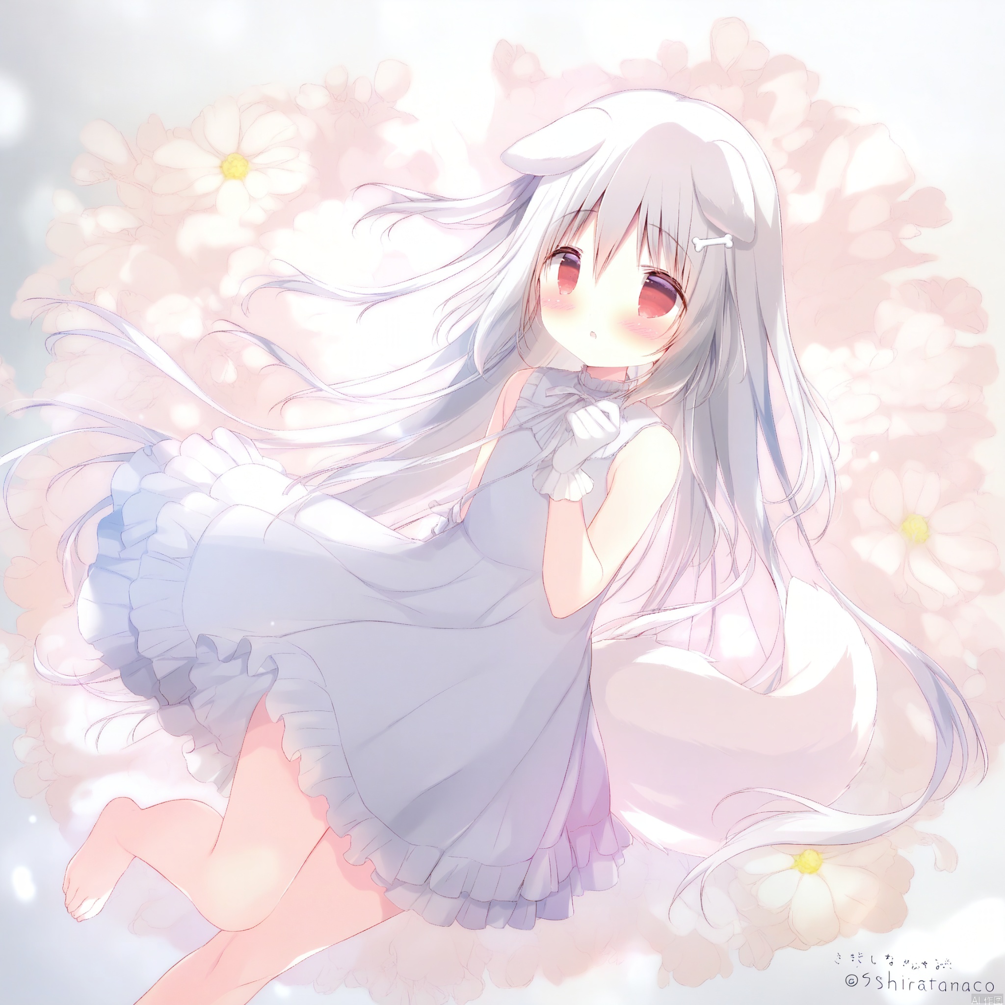shiratama_(shiratamaco),1girl,:o,albino,animal_ears,bare_shoulders,barefoot,blush,bone_hair_ornament,cartoon_bone,commentary,dog_ears,dog_girl,dog_tail,dress,floral_background,frilled_dress,frilled_gloves,frills,gloves,grey_background,grey_hair,hair_between_eyes,hair_ornament,hand_up,highres,long_hair,original,parted_lips,red_eyes,shiratama_\(shiratamaco\),sleeveless,sleeveless_dress,solo,symbol-only_commentary,tail,twitter_username,very_long_hair,white_dress,white_gloves, white_gloves