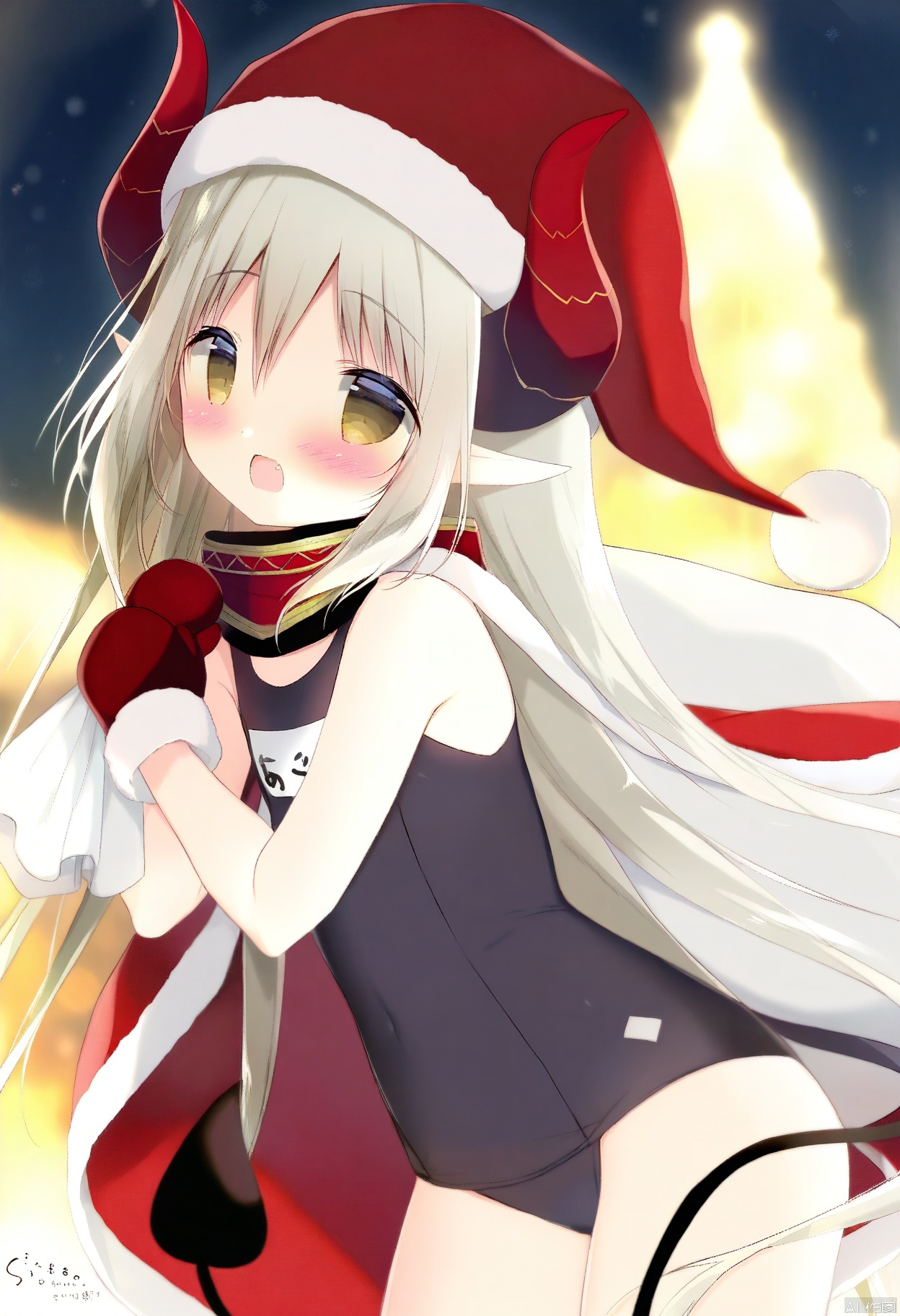 shiratama_(shiratamaco),1girl,bare_shoulders,black_one-piece_swimsuit,blush,brown_eyes,cloak,commentary_request,cowboy_shot,curled_horns,demon_girl,demon_horns,demon_tail,emma_august,emma_august_\(1st_costume\),fang,fur-trimmed_cloak,fur-trimmed_headwear,fur-trimmed_mittens,fur_trim,grey_hair,hair_between_eyes,hat,holding,holding_sack,horns,long_hair,looking_at_viewer,mittens,name_tag,nijisanji,old_school_swimsuit,one-piece_swimsuit,open_mouth,red_cloak,red_hat,red_mittens,red_ribbon,ribbon,sack,santa_hat,school_swimsuit,shiratama_\(shiratamaco\),solo,swimsuit,tail,very_long_hair,virtual_youtuberhair, virtual_youtuber