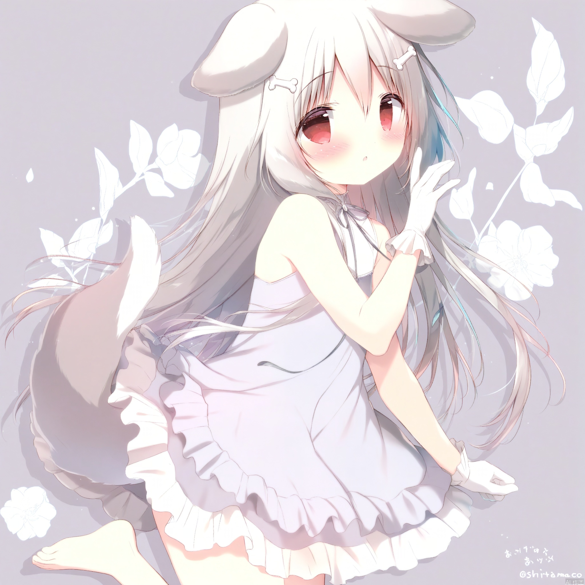 shiratama_(shiratamaco),1girl,:o,albino,animal_ears,bare_shoulders,barefoot,blush,bone_hair_ornament,cartoon_bone,commentary,dog_ears,dog_girl,dog_tail,dress,floral_background,frilled_dress,frilled_gloves,frills,gloves,grey_background,grey_hair,hair_between_eyes,hair_ornament,hand_up,highres,long_hair,original,parted_lips,red_eyes,shiratama_\(shiratamaco\),sleeveless,sleeveless_dress,solo,symbol-only_commentary,tail,twitter_username,very_long_hair,white_dress,white_gloves, white_gloves