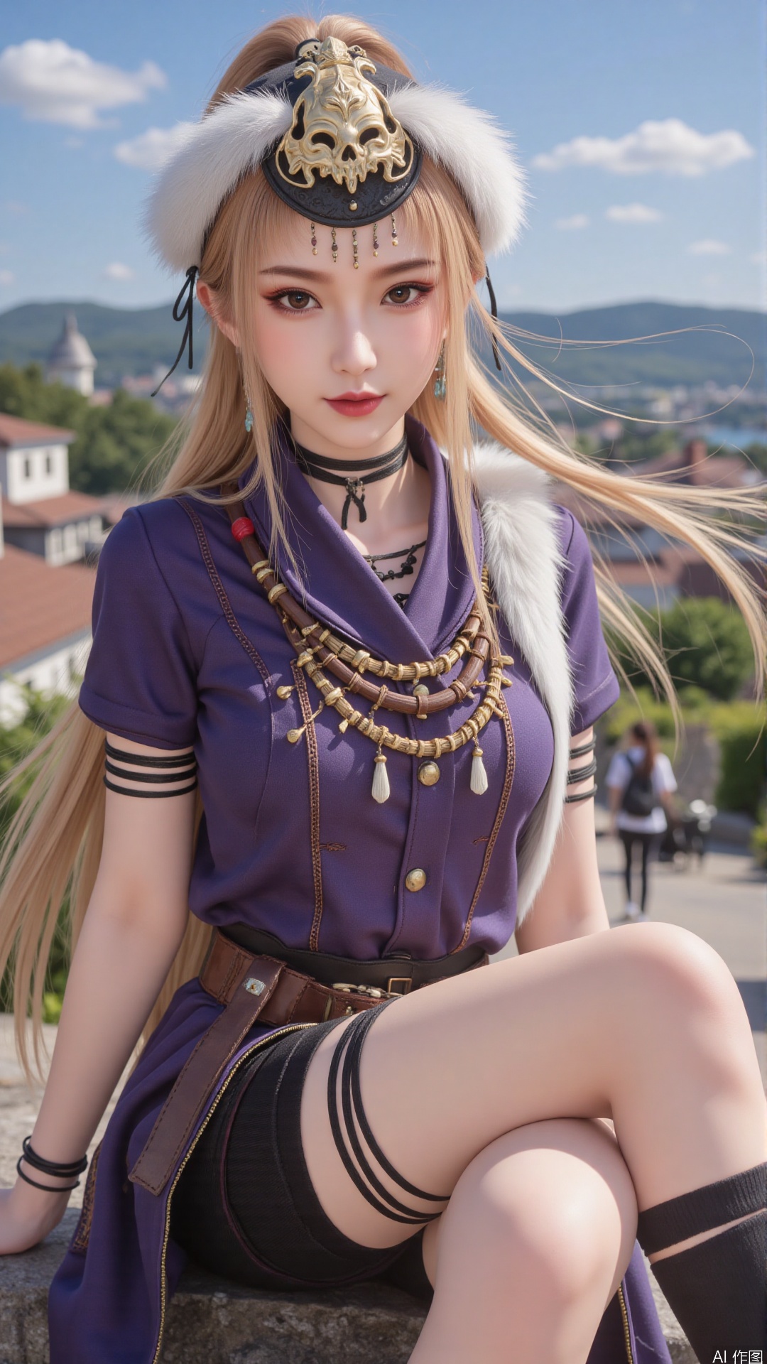  1girl, long hair, mischevious smile, perfect body, scenery, sharp focus, best quality, masterpiece, detailed outfit, illustration, perfect eyes, finely detailed beautiful anime eyes, realistic skin, intricate details, best lighting, depth of field, ultra high resolution,sitting