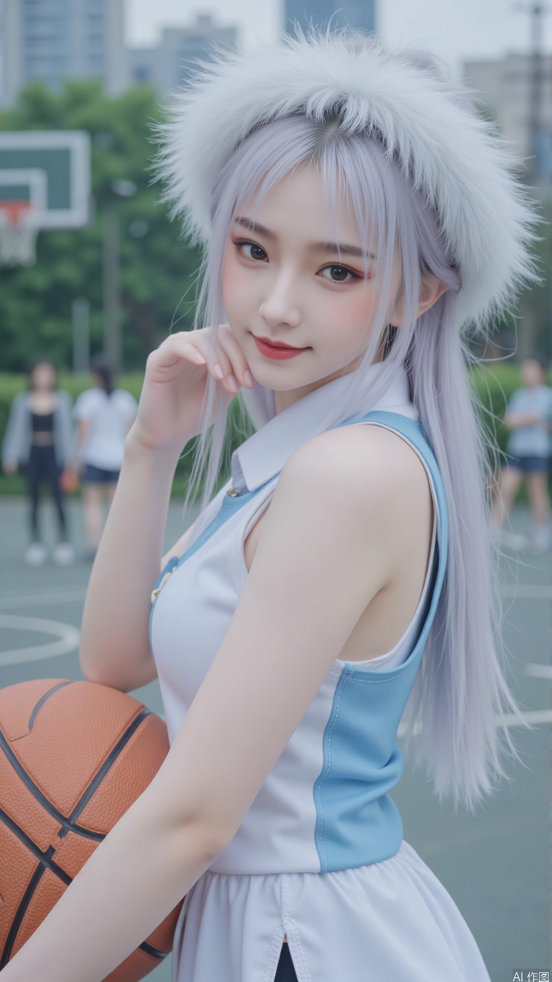 Character: a young Chinese woman playing basketball, white blue sport suit, Gazing at the camera with a soft, serene expression, long white hair, smile, yunyun
Environment: basketball court. 
Atmosphere: peaceful and serene. 
Quality: masterpiece, high quality, fine details, natural lighting, soft light diffused by mist. best quality,masterpiece