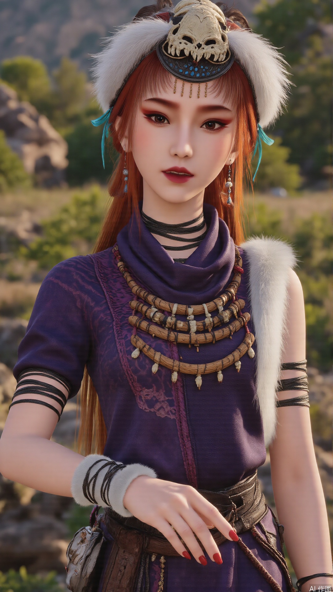  1girl, long hair, mischevious smile, perfect body, scenery, sharp focus, best quality, masterpiece, detailed outfit, illustration, perfect eyes, finely detailed beautiful anime eyes, realistic skin, intricate details, best lighting, depth of field, ultra high resolution,cowboy_shot