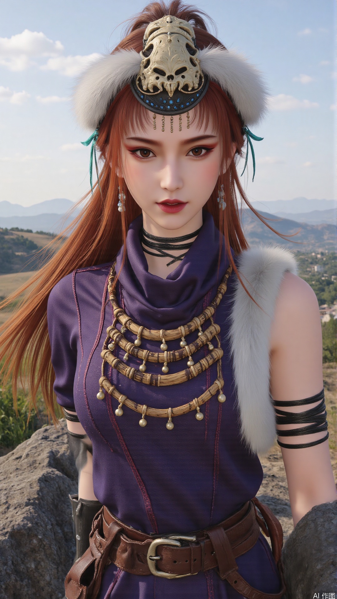  1girl, long hair, mischevious smile, perfect body, scenery, sharp focus, best quality, masterpiece, detailed outfit, illustration, perfect eyes, finely detailed beautiful anime eyes, realistic skin, intricate details, best lighting, depth of field, ultra high resolution,cowboy_shot