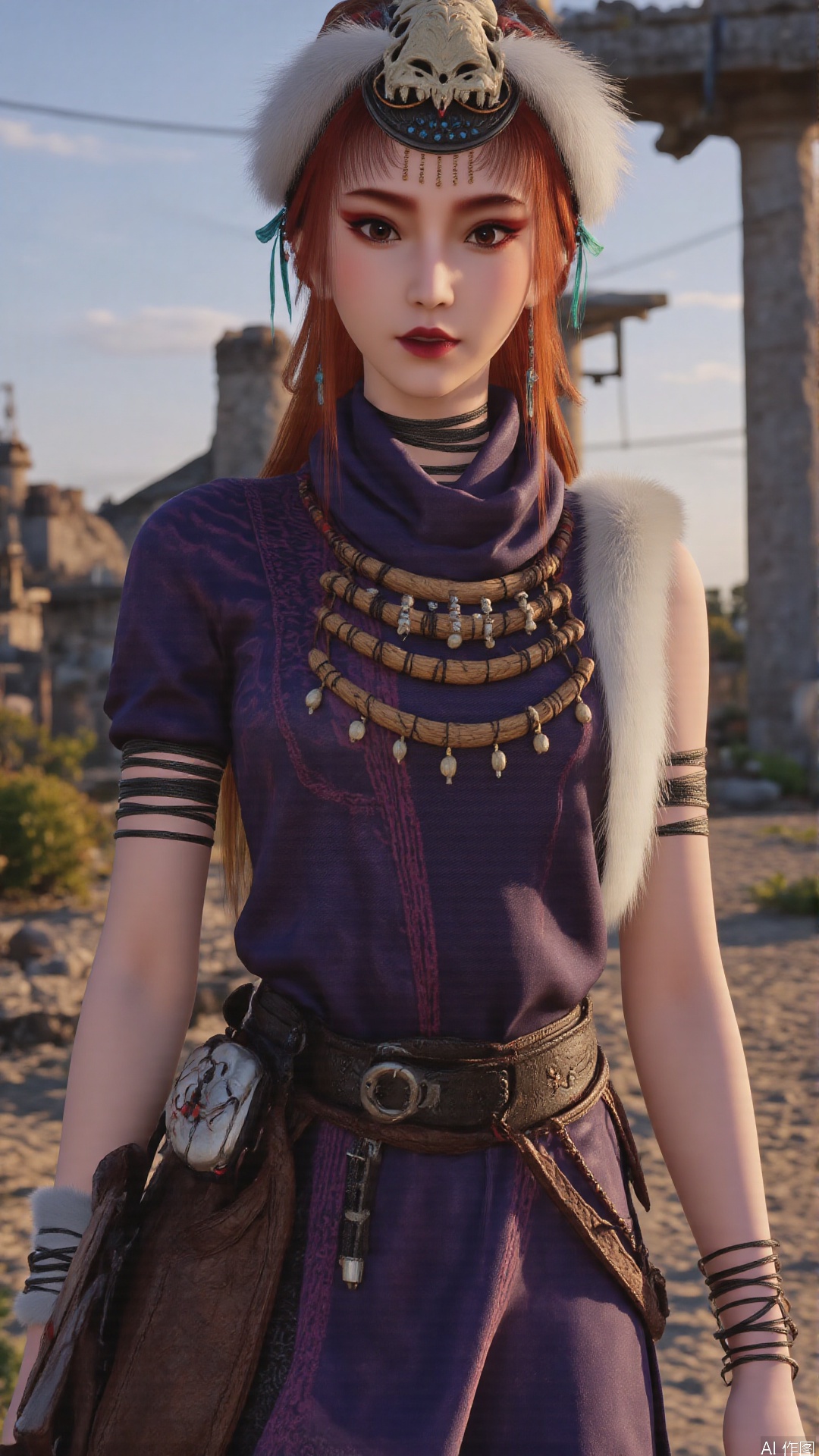  1girl, long hair, mischevious smile, perfect body, scenery, sharp focus, best quality, masterpiece, detailed outfit, illustration, perfect eyes, finely detailed beautiful anime eyes, realistic skin, intricate details, best lighting, depth of field, ultra high resolution,cowboy_shot