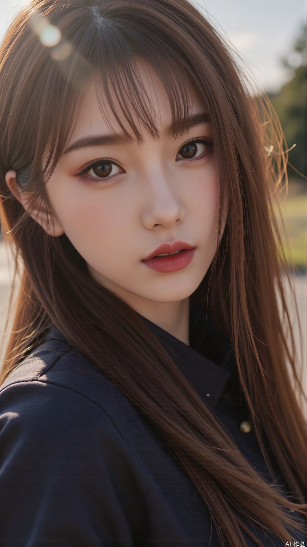  a asian woman, sexy long hair, charming and seductive temperament, distant close-up, golden ratio, movie texture, minimalism, high-end feeling, strong contrast between cold and warm, outdoor scenes, 