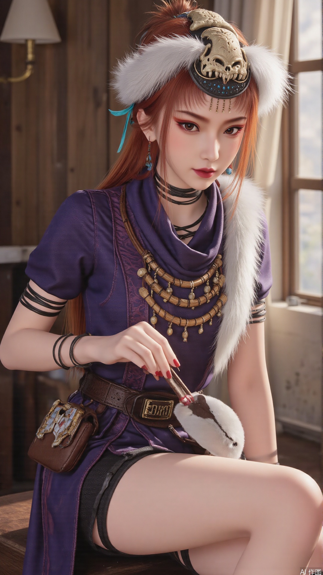 1girl, long hair, mischevious smile, perfect body, scenery, sharp focus, best quality, masterpiece, detailed outfit, illustration, perfect eyes, finely detailed beautiful anime eyes, realistic skin, intricate details, best lighting, depth of field, ultra high resolution,sitting
