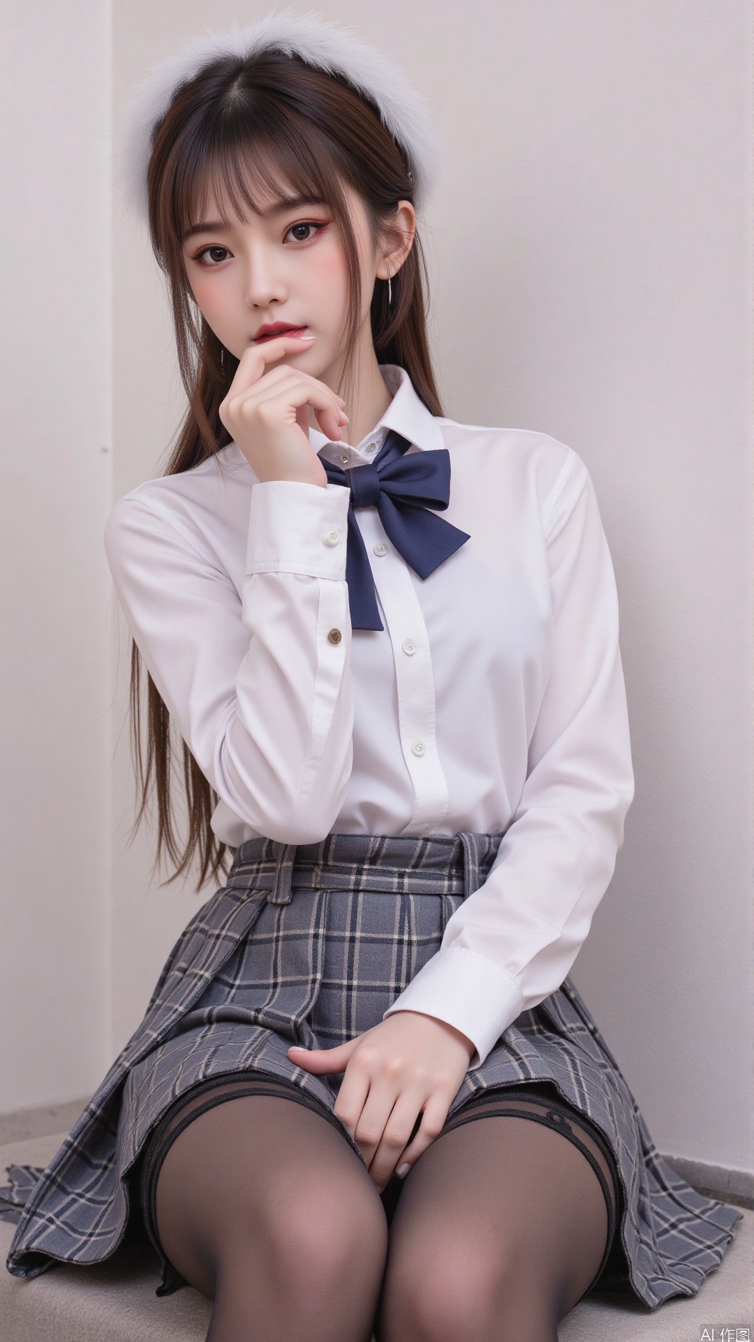 1girl, solo, long hair, breasts, looking at viewer, bangs, skirt, shirt, long sleeves, bow, medium breasts, closed mouth, school uniform, sitting, white shirt, hair bow, pantyhose, pleated skirt, striped, collared shirt, bowtie, lips, plaid, black pantyhose, dress shirt, blue bow, plaid skirt, grey skirt, thighband pantyhose, red lips, shirt tucked in,