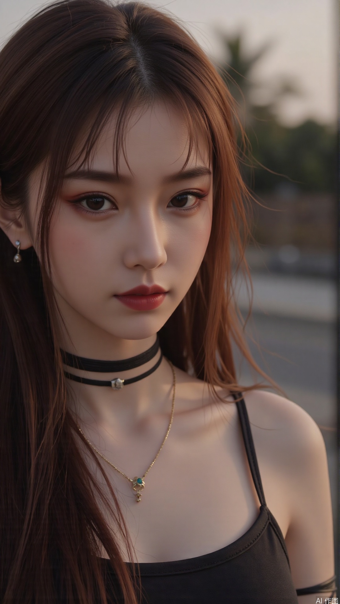  a asian woman, sexy long hair, charming and seductive temperament, distant close-up, golden ratio, movie texture, minimalism, high-end feeling, strong contrast between cold and warm, outdoor scenes, 