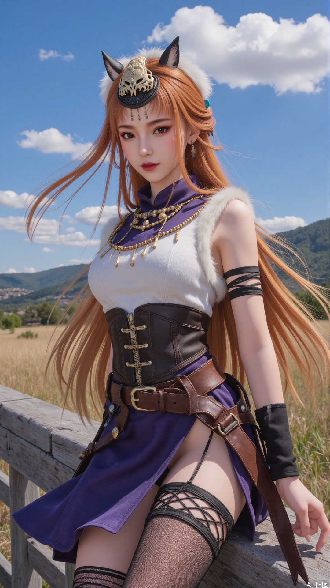  1girl, long hair, mischevious smile, perfect body, scenery, sharp focus, best quality, masterpiece, detailed outfit, illustration, perfect eyes, finely detailed beautiful anime eyes, realistic skin, intricate details, best lighting, depth of field, ultra high resolution,cowboy_shot