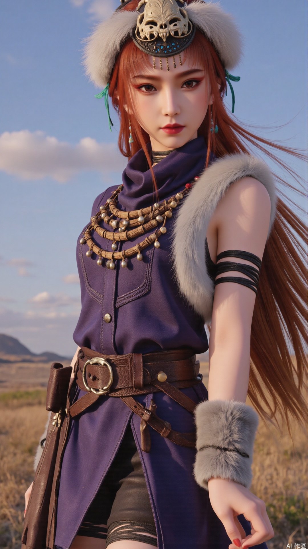  1girl, long hair, mischevious smile, perfect body, scenery, sharp focus, best quality, masterpiece, detailed outfit, illustration, perfect eyes, finely detailed beautiful anime eyes, realistic skin, intricate details, best lighting, depth of field, ultra high resolution,cowboy_shot