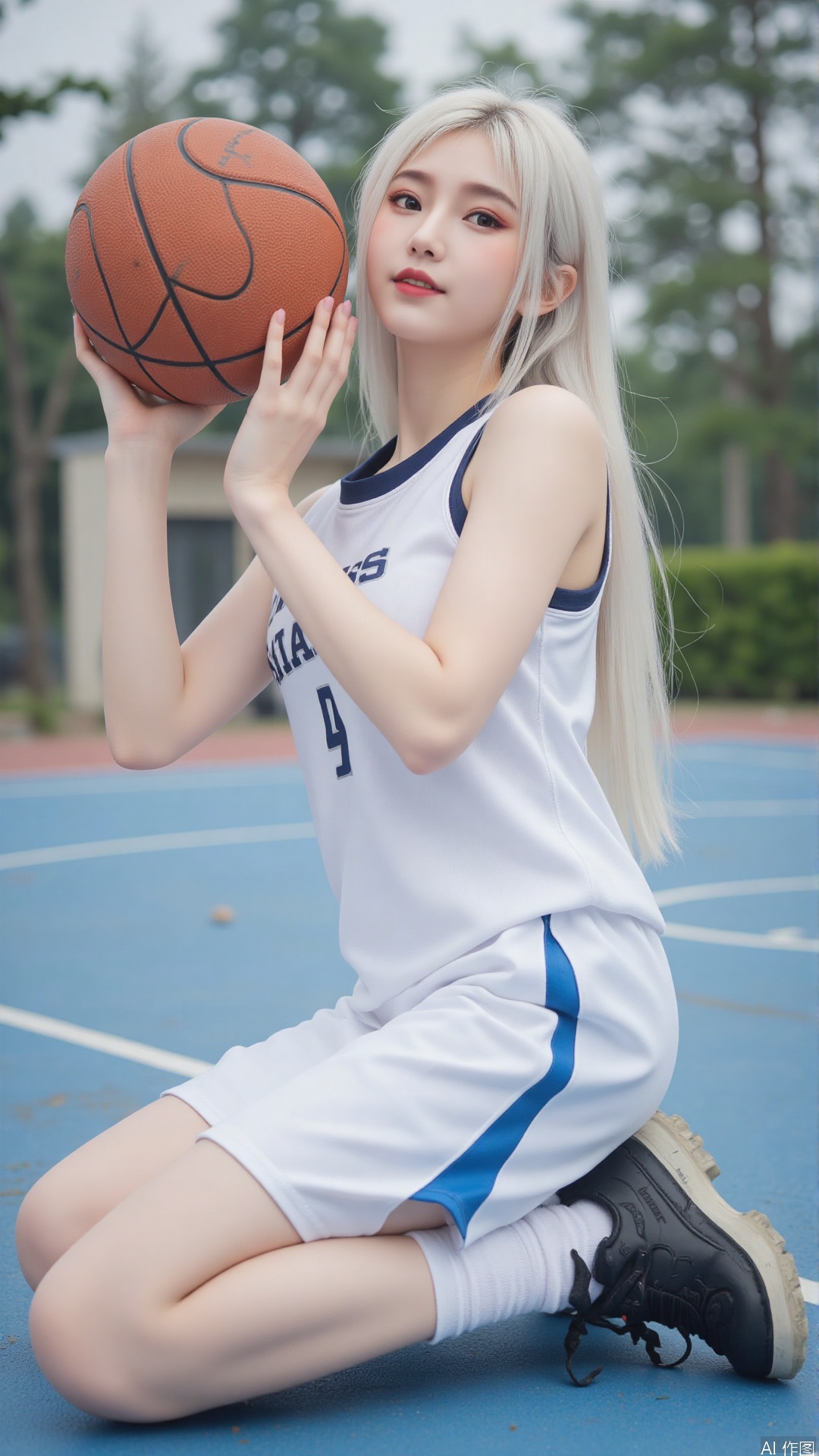 Character: a young Chinese woman playing basketball, white blue sport suit, Gazing at the camera with a soft, serene expression, long white hair, smile, yunyun
Environment: basketball court. 
Atmosphere: peaceful and serene. 
Quality: masterpiece, high quality, fine details, natural lighting, soft light diffused by mist. best quality,masterpiece