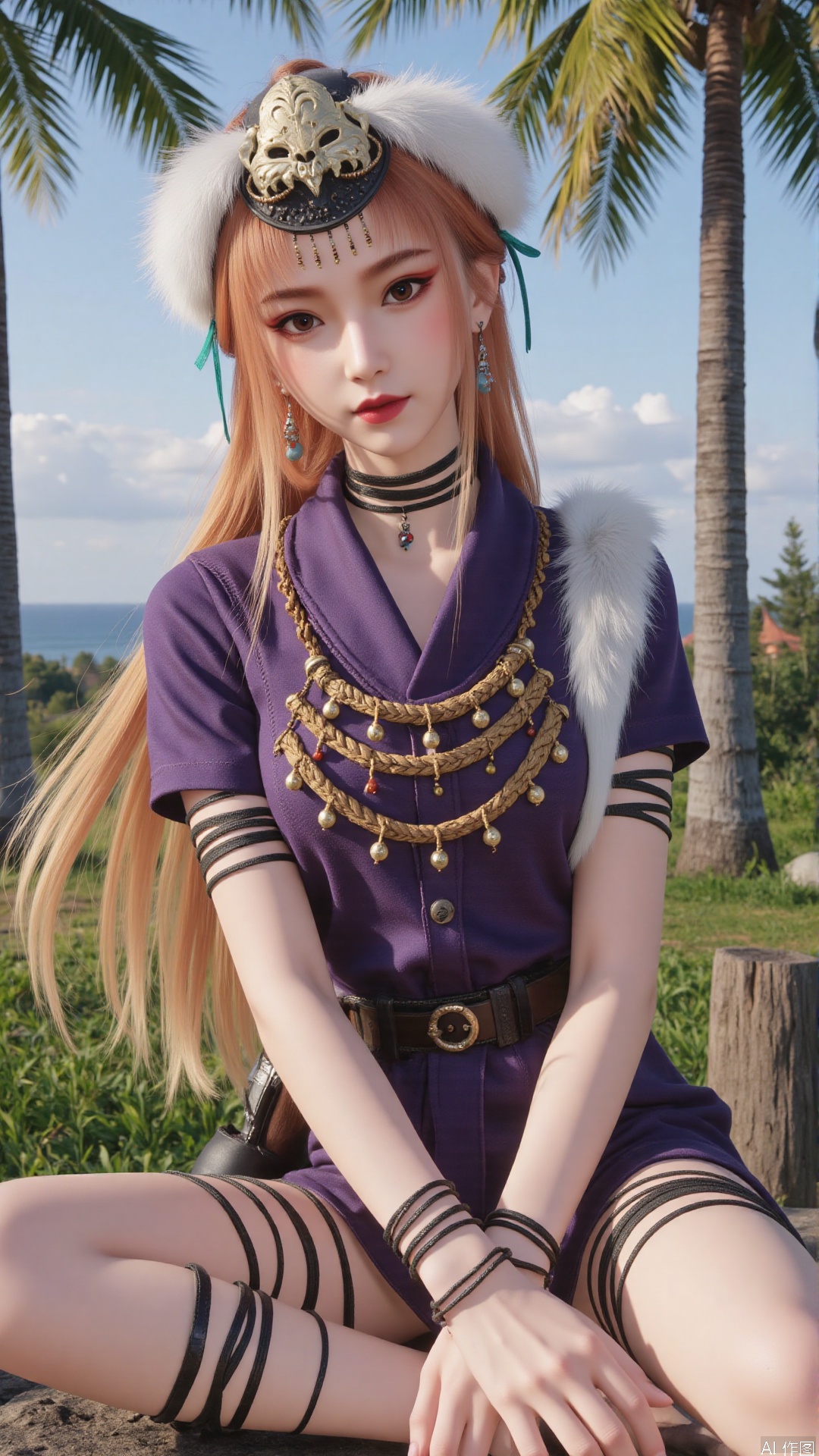  1girl, long hair, mischevious smile, perfect body, scenery, sharp focus, best quality, masterpiece, detailed outfit, illustration, perfect eyes, finely detailed beautiful anime eyes, realistic skin, intricate details, best lighting, depth of field, ultra high resolution,sitting