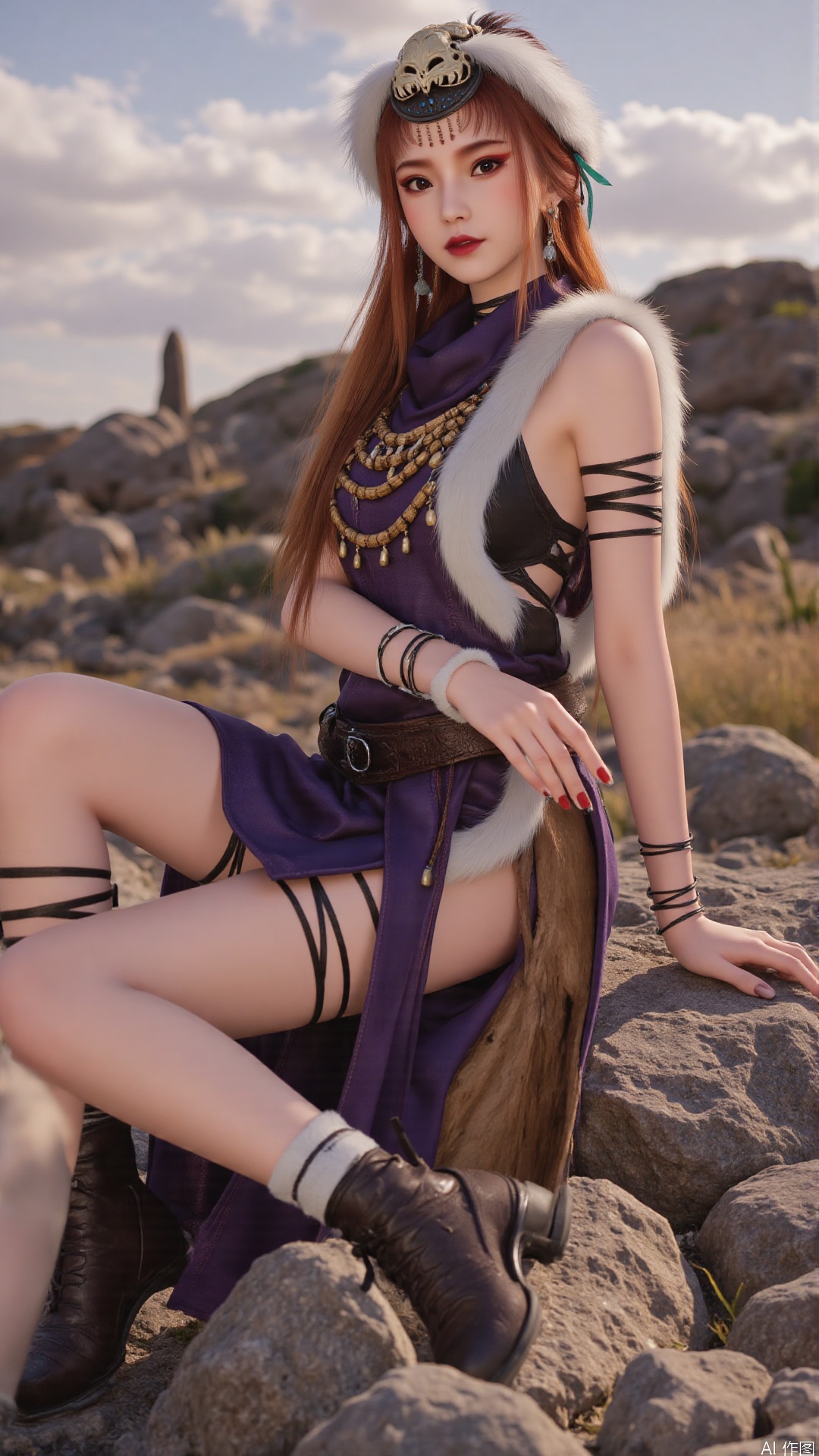  1girl, long hair, mischevious smile, perfect body, scenery, sharp focus, best quality, masterpiece, detailed outfit, illustration, perfect eyes, finely detailed beautiful anime eyes, realistic skin, intricate details, best lighting, depth of field, ultra high resolution,sitting