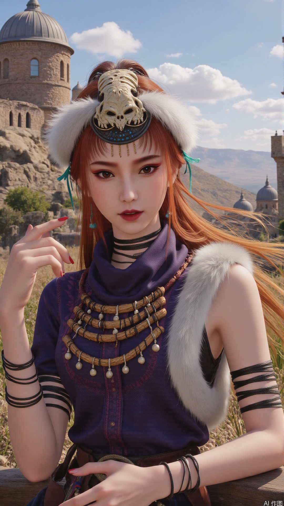  1girl, long hair, mischevious smile, perfect body, scenery, sharp focus, best quality, masterpiece, detailed outfit, illustration, perfect eyes, finely detailed beautiful anime eyes, realistic skin, intricate details, best lighting, depth of field, ultra high resolution,cowboy_shot