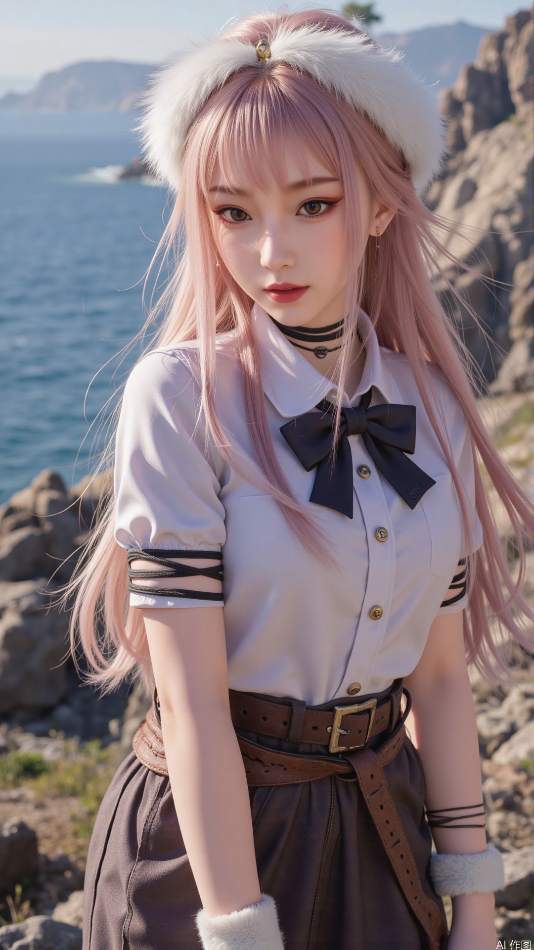  1girl, long hair, mischevious smile, perfect body, scenery, sharp focus, best quality, masterpiece, detailed outfit, illustration, perfect eyes, finely detailed beautiful anime eyes, realistic skin, intricate details, best lighting, depth of field, ultra high resolution,cowboy_shot