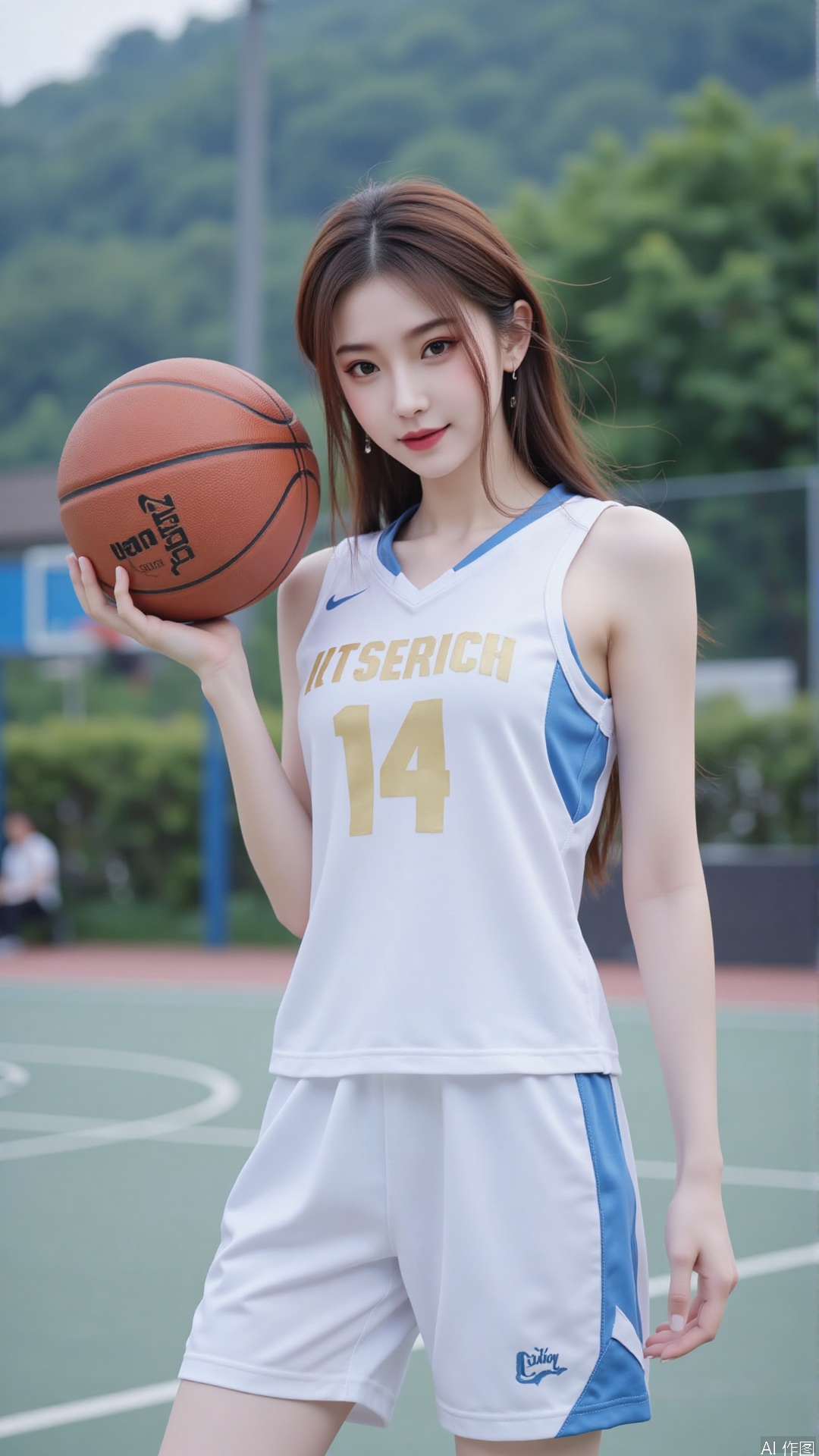 Character: a young Chinese woman playing basketball, white blue sport suit, Gazing at the camera with a soft, serene expression, long hair, smile, yunyun
Environment: basketball court. 
Atmosphere: peaceful and serene. 
Quality: masterpiece, high quality, fine details, natural lighting, soft light diffused by mist. best quality,masterpiece