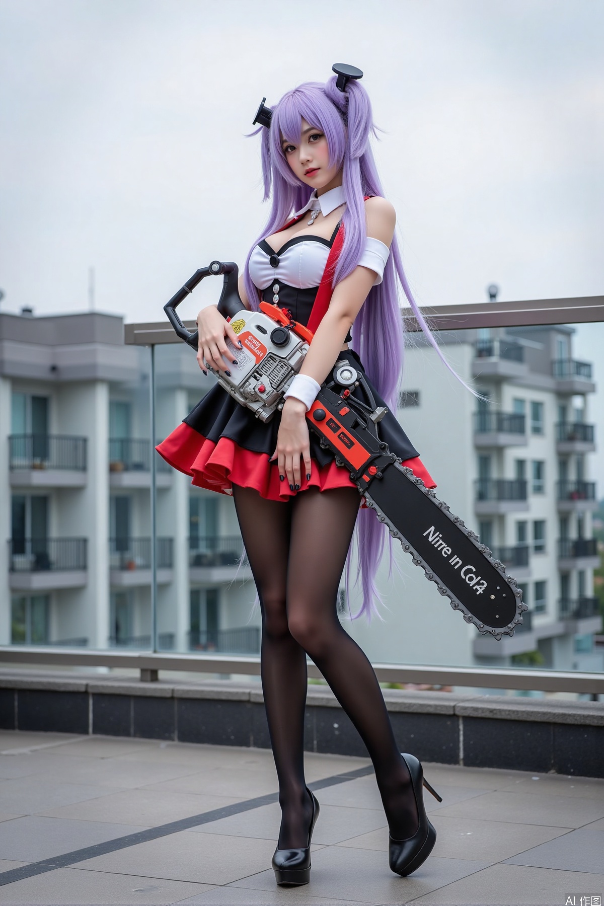 Realistic photo, one young woman, long hair, fair skin, big breasts, cosplay costume, holding a huge chainsaw, stockings, long legs, high heels, full body, standing, on the rooftop of a five-star hotel,