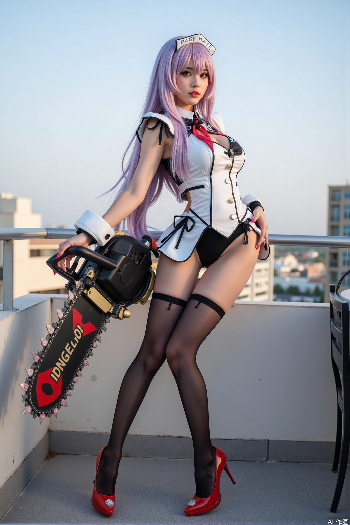 Realistic photo, one young woman, long hair, fair skin, big breasts, cosplay costume, holding a huge chainsaw, stockings, long legs, high heels, full body, standing, on the rooftop of a five-star hotel,