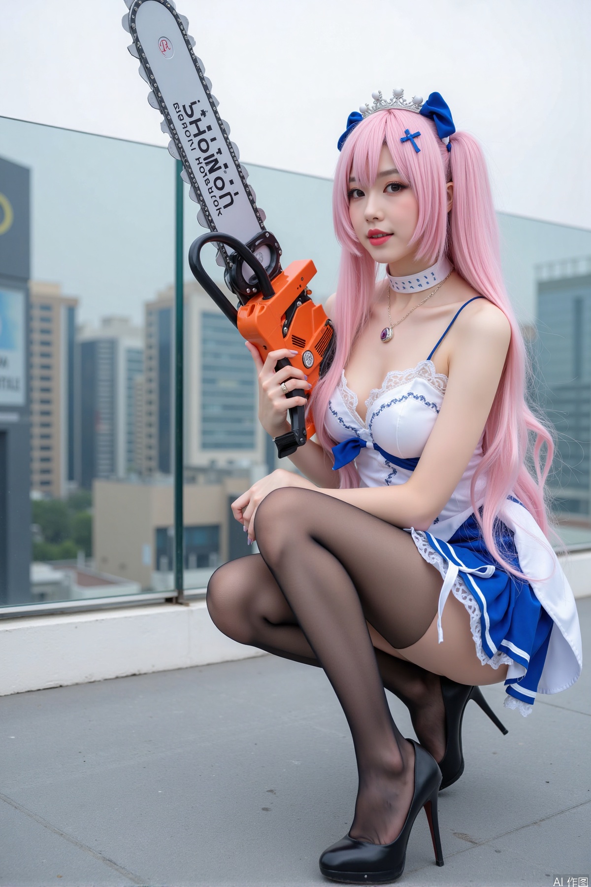 Realistic photo, one young woman, long hair, fair skin, big breasts, cosplay costume, holding a huge chainsaw, stockings, long legs, high heels, full body, squatting, on the rooftop of a five-star hotel,