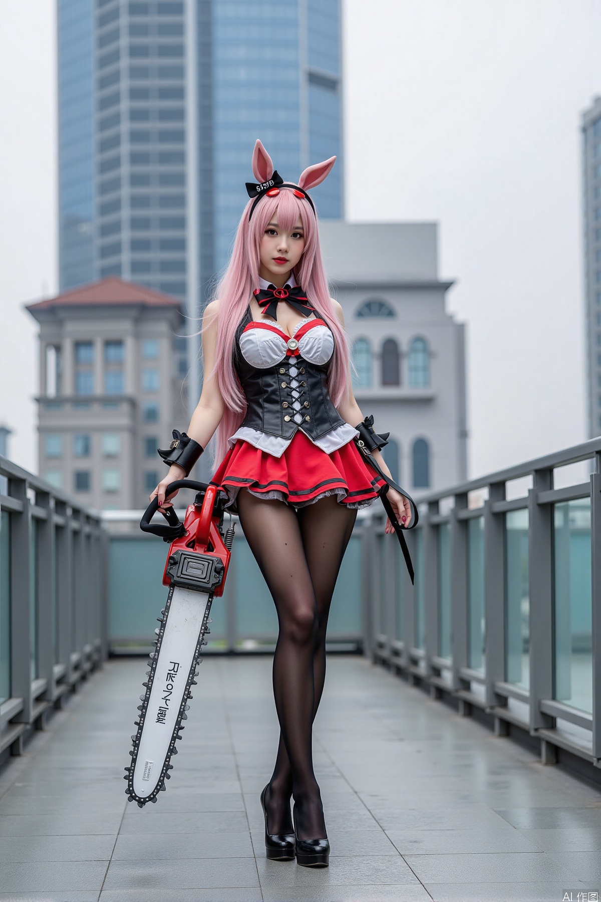 Realistic photo, one young woman, long hair, fair skin, big breasts, cosplay costume, holding a huge chainsaw, stockings, long legs, high heels, full body, standing, on the rooftop of a five-star hotel,