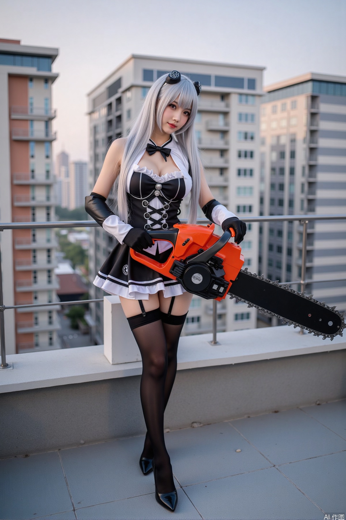 Realistic photo, one young woman, long hair, fair skin, big breasts, cosplay costume, holding a huge chainsaw, stockings, long legs, high heels, full body, standing, on the rooftop of a five-star hotel,