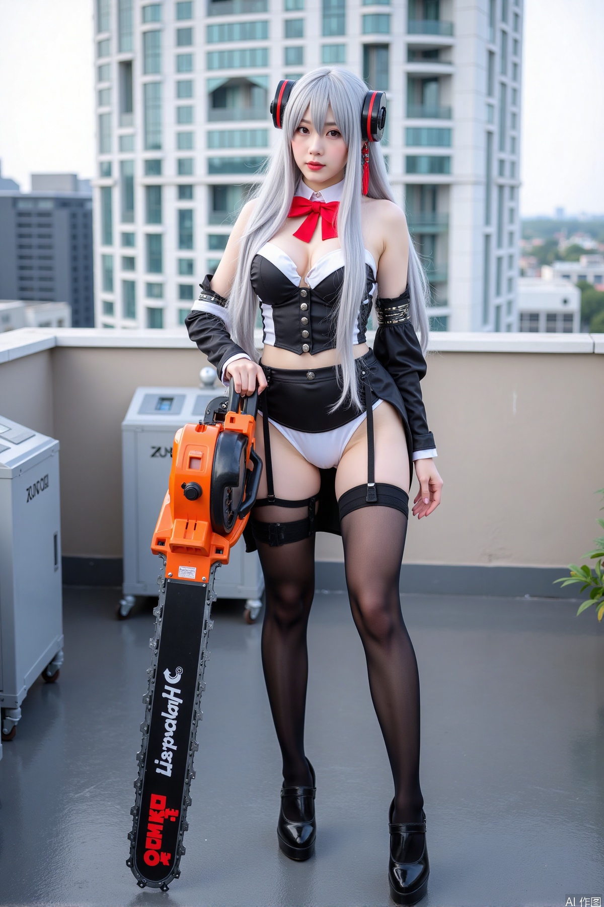 Realistic photo, one young woman, long hair, fair skin, big breasts, cosplay costume, holding a huge chainsaw, stockings, long legs, high heels, full body, standing, on the rooftop of a five-star hotel,