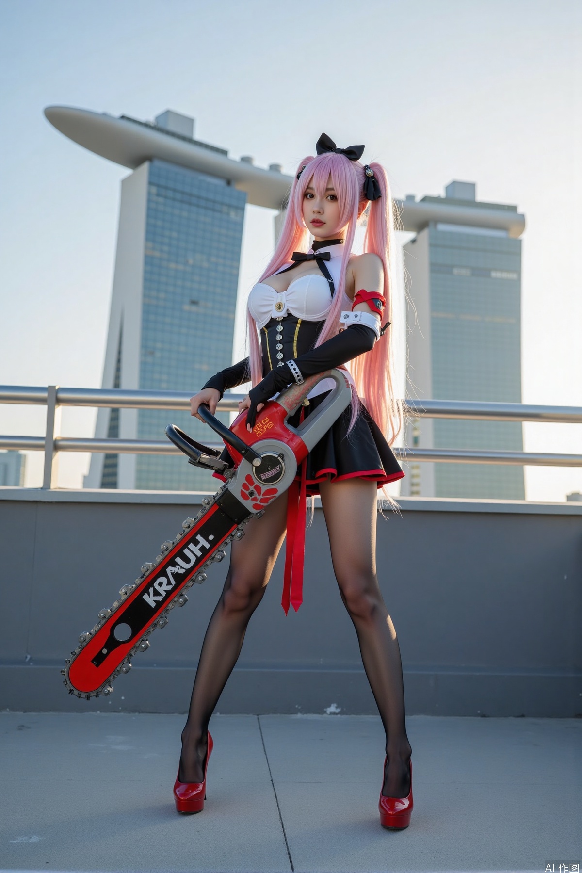 Realistic photo, one young woman, long hair, fair skin, big breasts, cosplay costume, holding a huge chainsaw, stockings, long legs, high heels, full body, standing, on the rooftop of a five-star hotel,