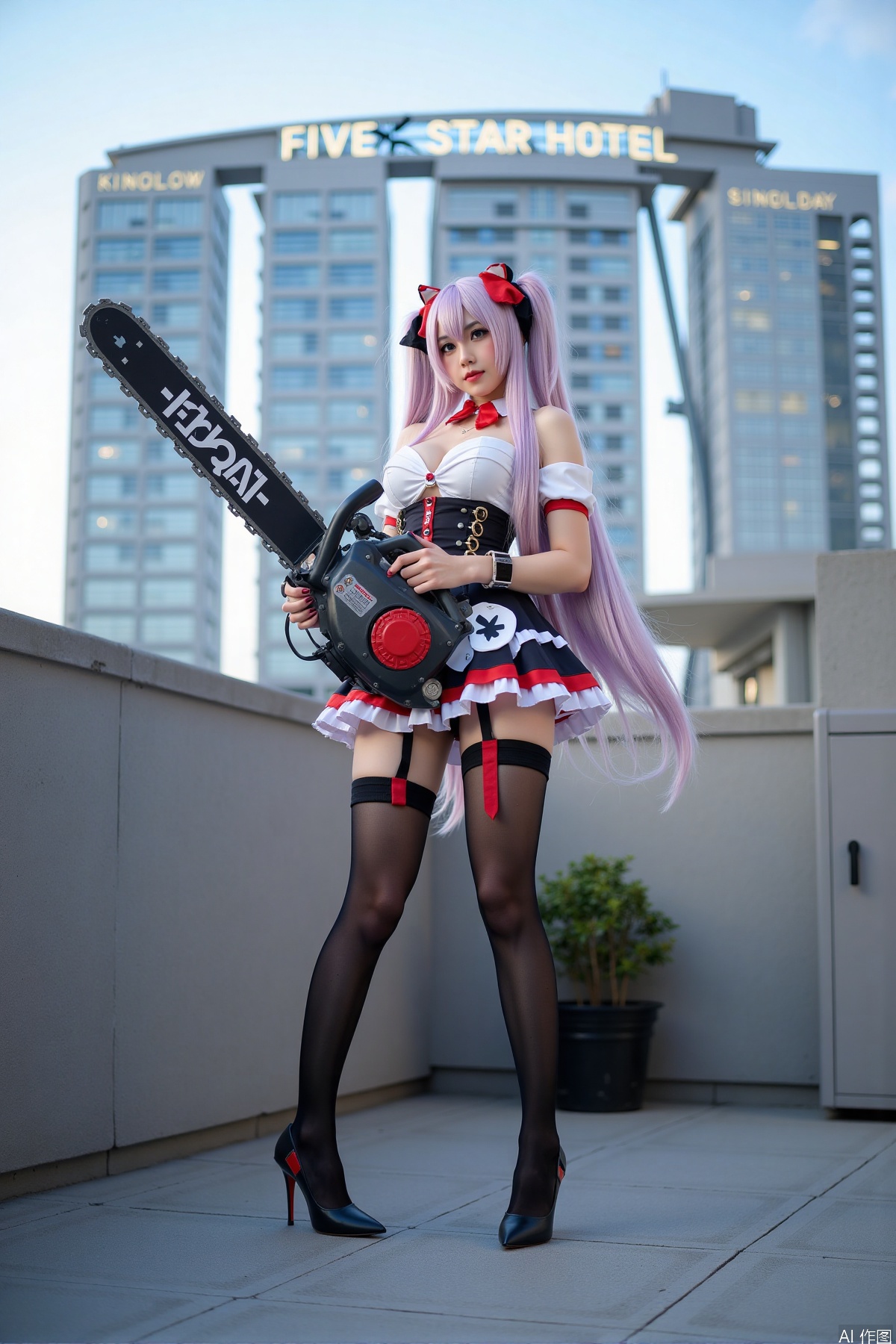 Realistic photo, one young woman, long hair, fair skin, big breasts, cosplay costume, holding a huge chainsaw, stockings, long legs, high heels, full body, standing, on the rooftop of a five-star hotel,