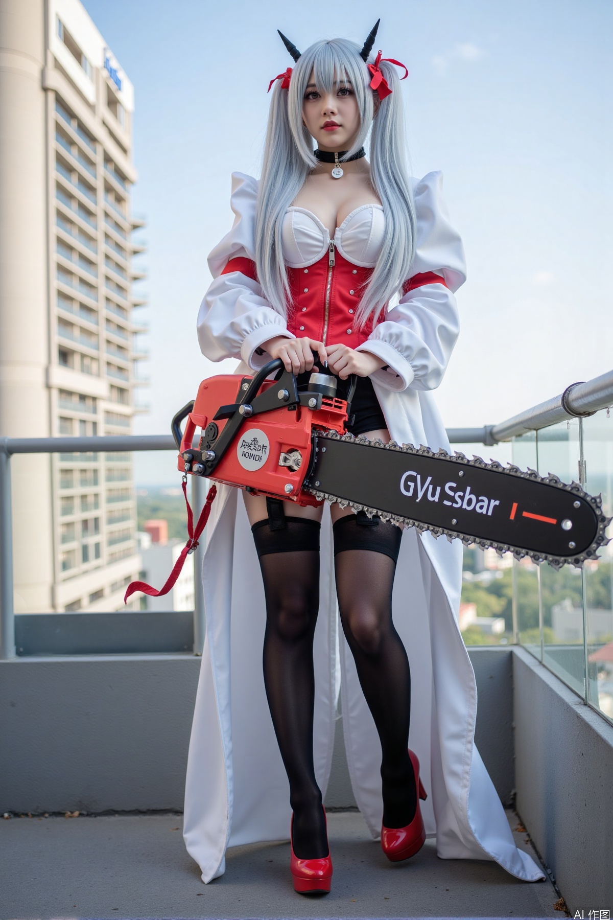 Realistic photo, one young woman, long hair, fair skin, big breasts, cosplay costume, holding a huge chainsaw, stockings, long legs, high heels, full body, standing, on the rooftop of a five-star hotel,