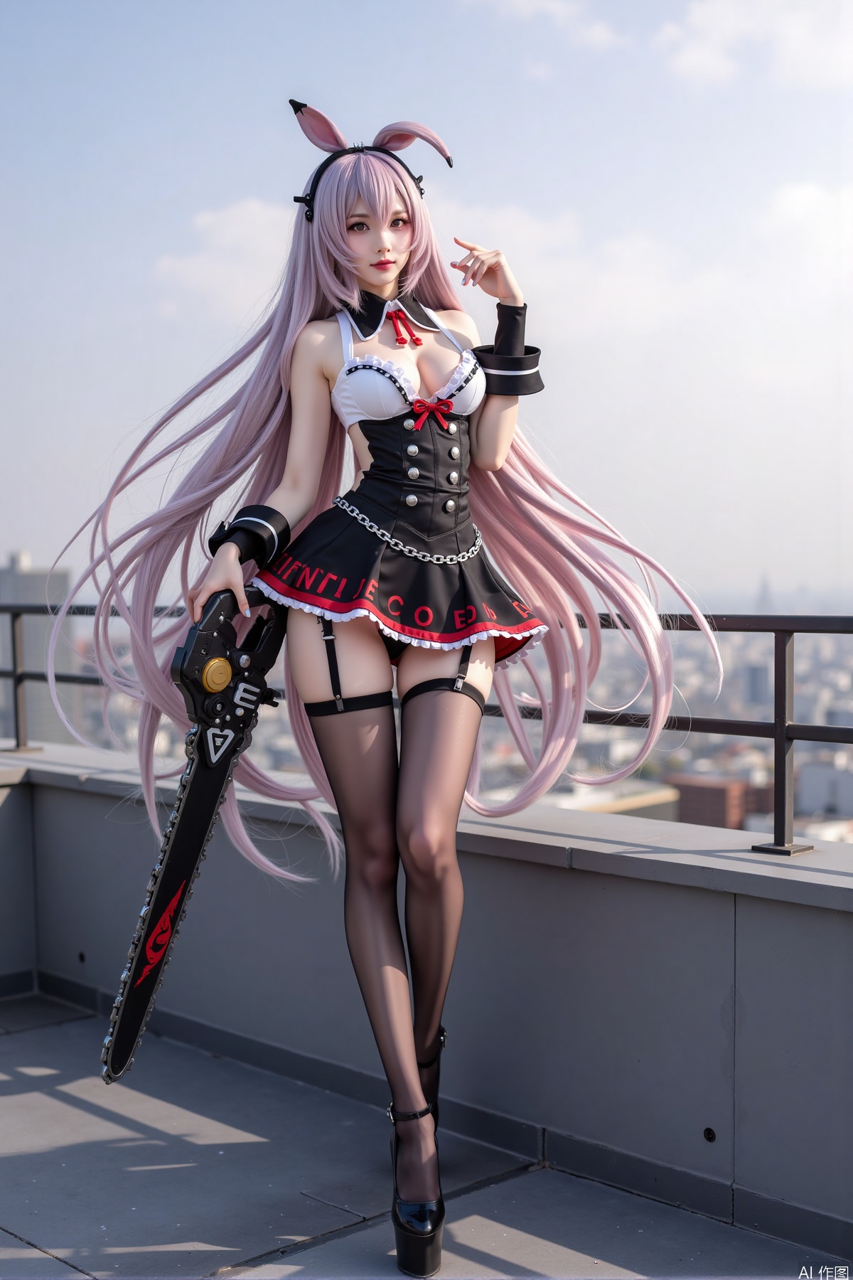 Realistic photo, one young woman, long hair, fair skin, big breasts, cosplay costume, holding a huge chainsaw, stockings, long legs, high heels, full body, standing, on the rooftop of a five-star hotel,