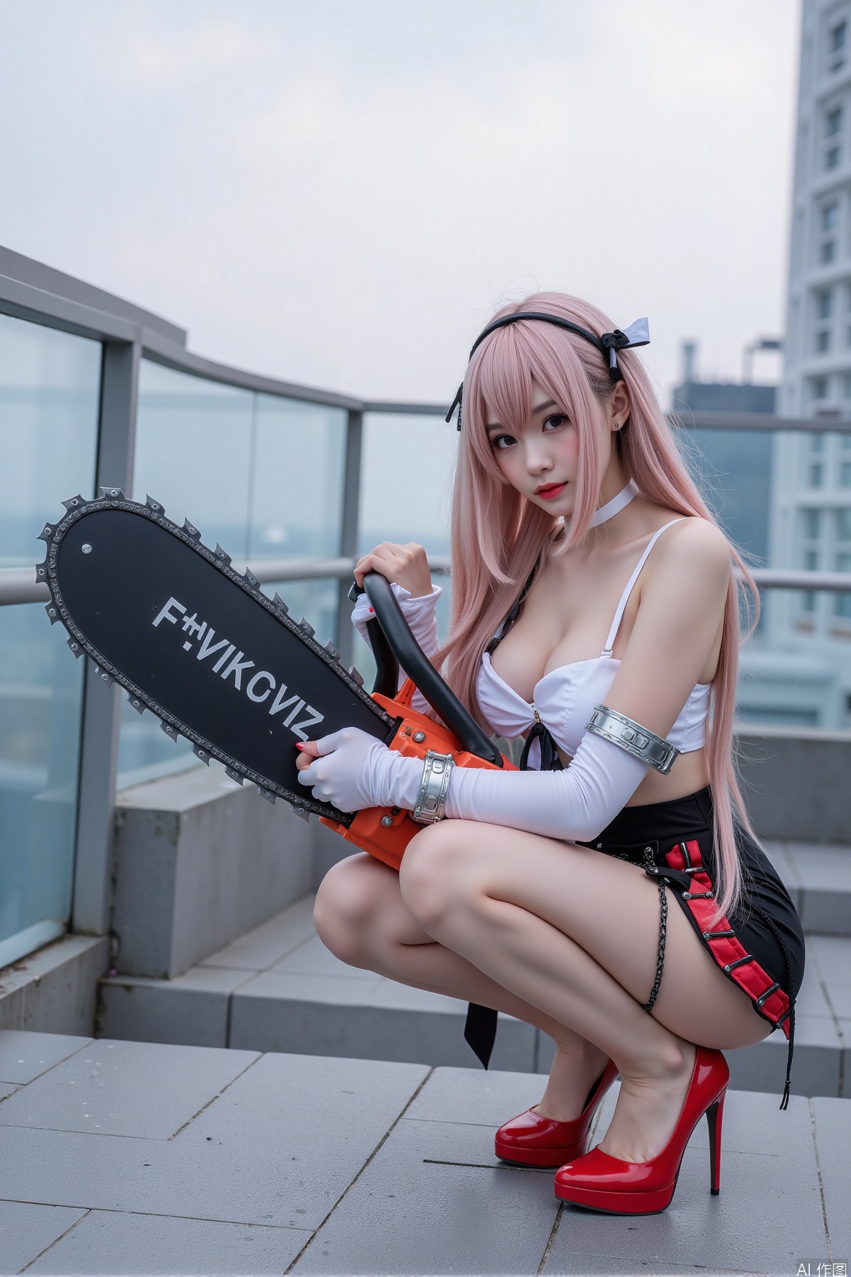 Realistic photo, one young woman, long hair, fair skin, big breasts, cosplay costume, holding a huge chainsaw, stockings, long legs, high heels, full body, squatting, on the rooftop of a five-star hotel,
