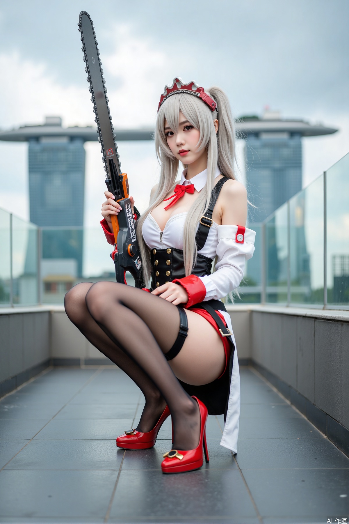 Realistic photo, one young woman, long hair, fair skin, big breasts, cosplay costume, holding a huge chainsaw, stockings, long legs, high heels, full body, squatting, on the rooftop of a five-star hotel,