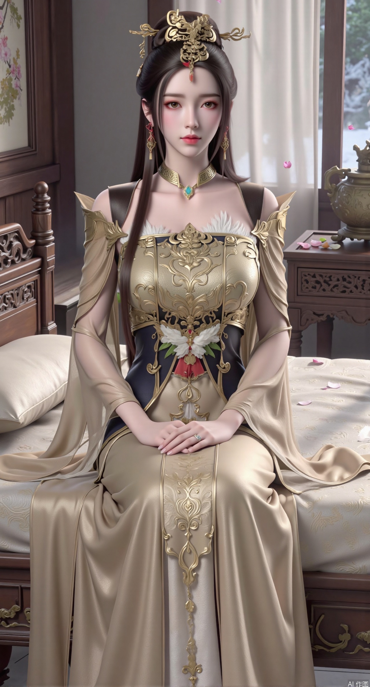 (masterpiece, best quality:1.2),Ancient Chinese boudoir scene, Hanfu dress ,sitting sideways on an intricately carved wooden bed, soft natural light filtering through sheer silk curtains, satin bedding with delicate sheen, detailed traditional Chinese Gongbi painting style, subtle celadon color palette, background featuring vintage dressing table and embroidered screen, falling plum blossom petals near window and wispy smoke from bronze incense burner, 8K resolution with intricate fabric draping and wood grain textures,,(huge breasts:2.99),(full breasts:2.89), 