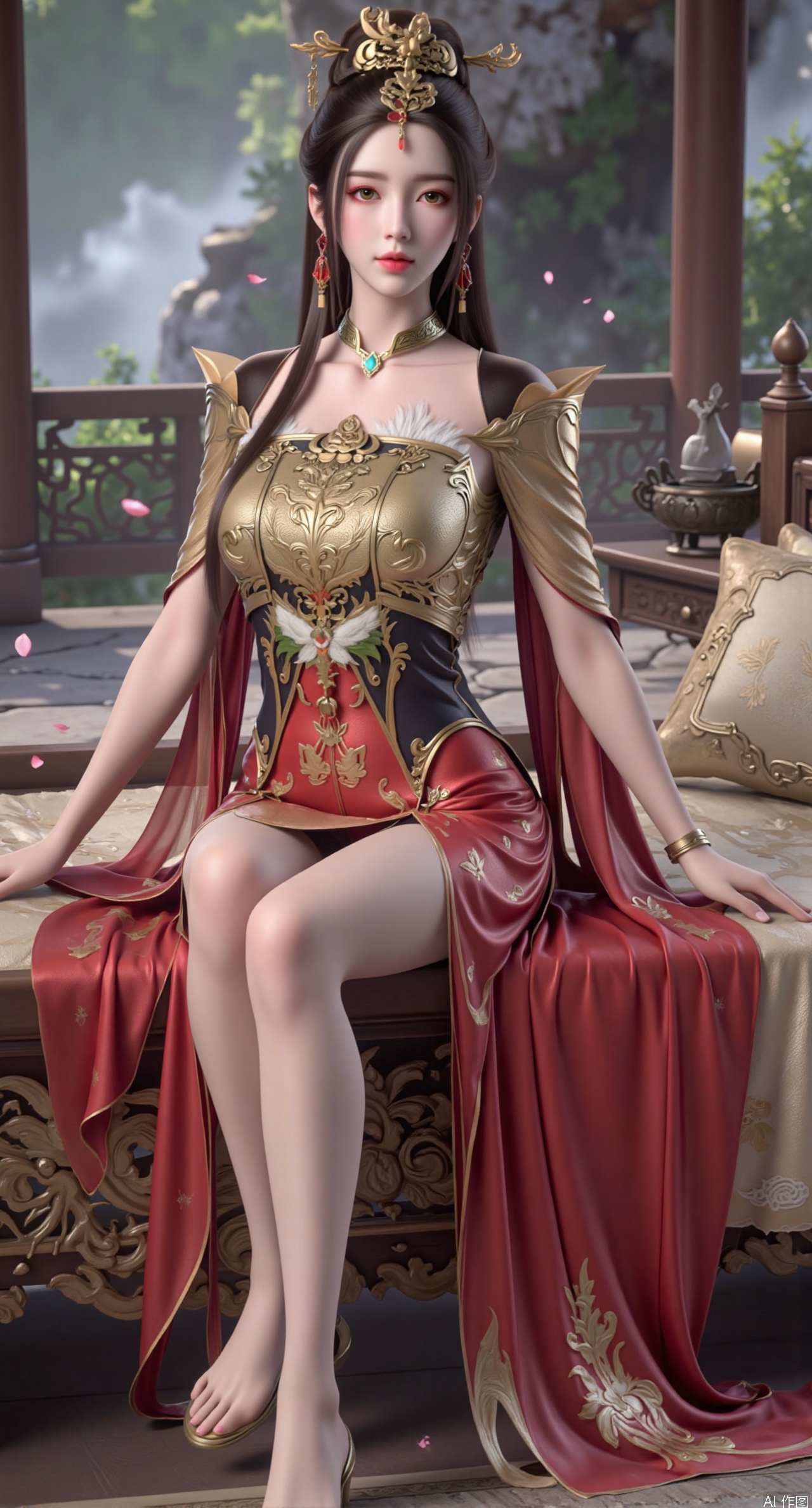 (masterpiece, best quality:1.2),Ancient Chinese boudoir scene, red|gold Hanfu dress ,sitting sideways on an intricately carved wooden bed, soft natural light filtering through sheer silk curtains, satin bedding with delicate sheen, detailed traditional Chinese Gongbi painting style, subtle celadon color palette, background featuring vintage dressing table and embroidered screen, falling plum blossom petals near window and wispy smoke from bronze incense burner, 8K resolution with intricate fabric draping and wood grain textures,,(huge breasts:2.99),(full breasts:2.89), 