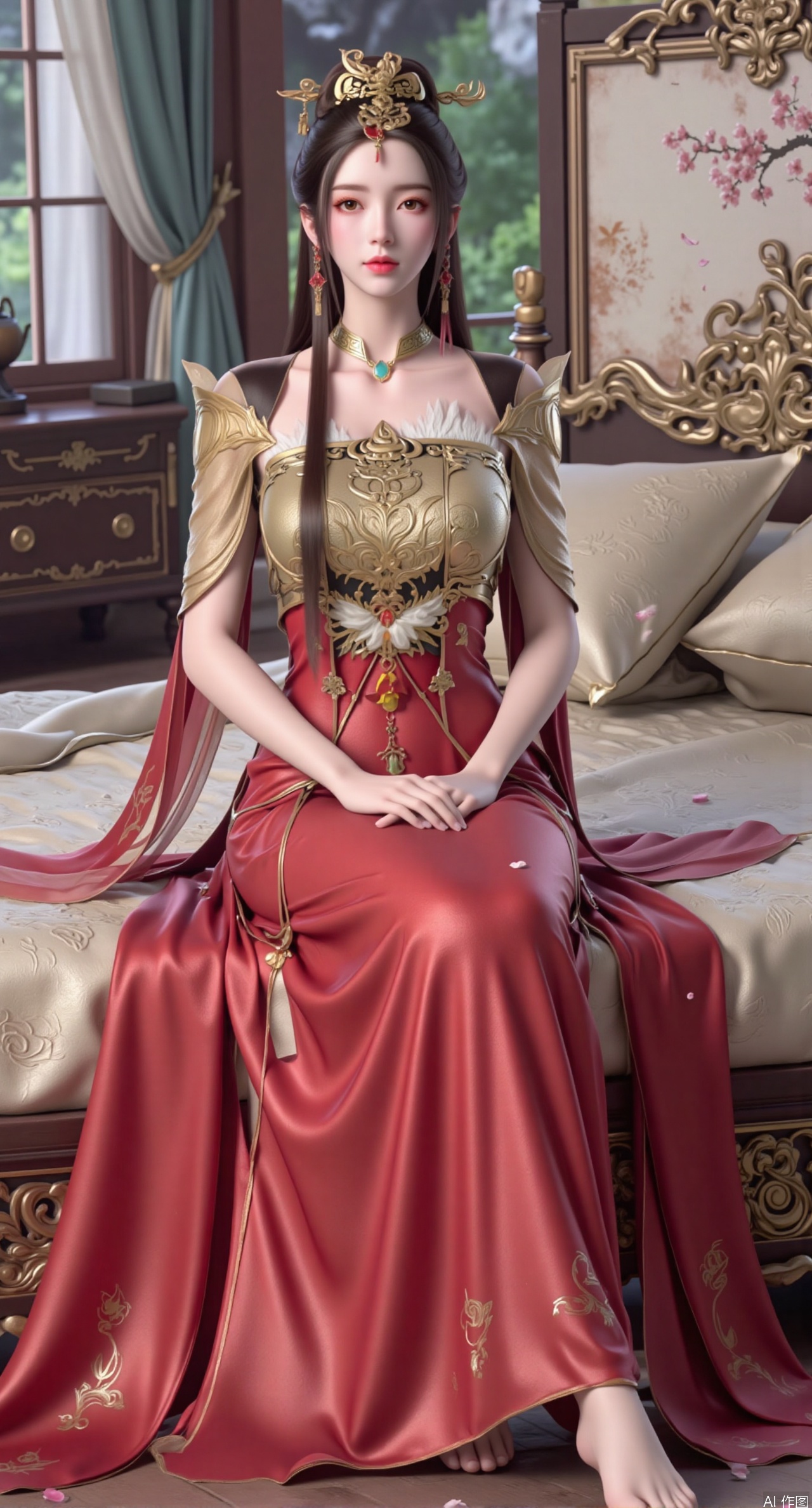 (masterpiece, best quality:1.2),Ancient Chinese boudoir scene, red|gold Hanfu dress ,sitting sideways on an intricately carved wooden bed, soft natural light filtering through sheer silk curtains, satin bedding with delicate sheen, detailed traditional Chinese Gongbi painting style, subtle celadon color palette, background featuring vintage dressing table and embroidered screen, falling plum blossom petals near window and wispy smoke from bronze incense burner, 8K resolution with intricate fabric draping and wood grain textures,,(huge breasts:2.99),(full breasts:2.89), 