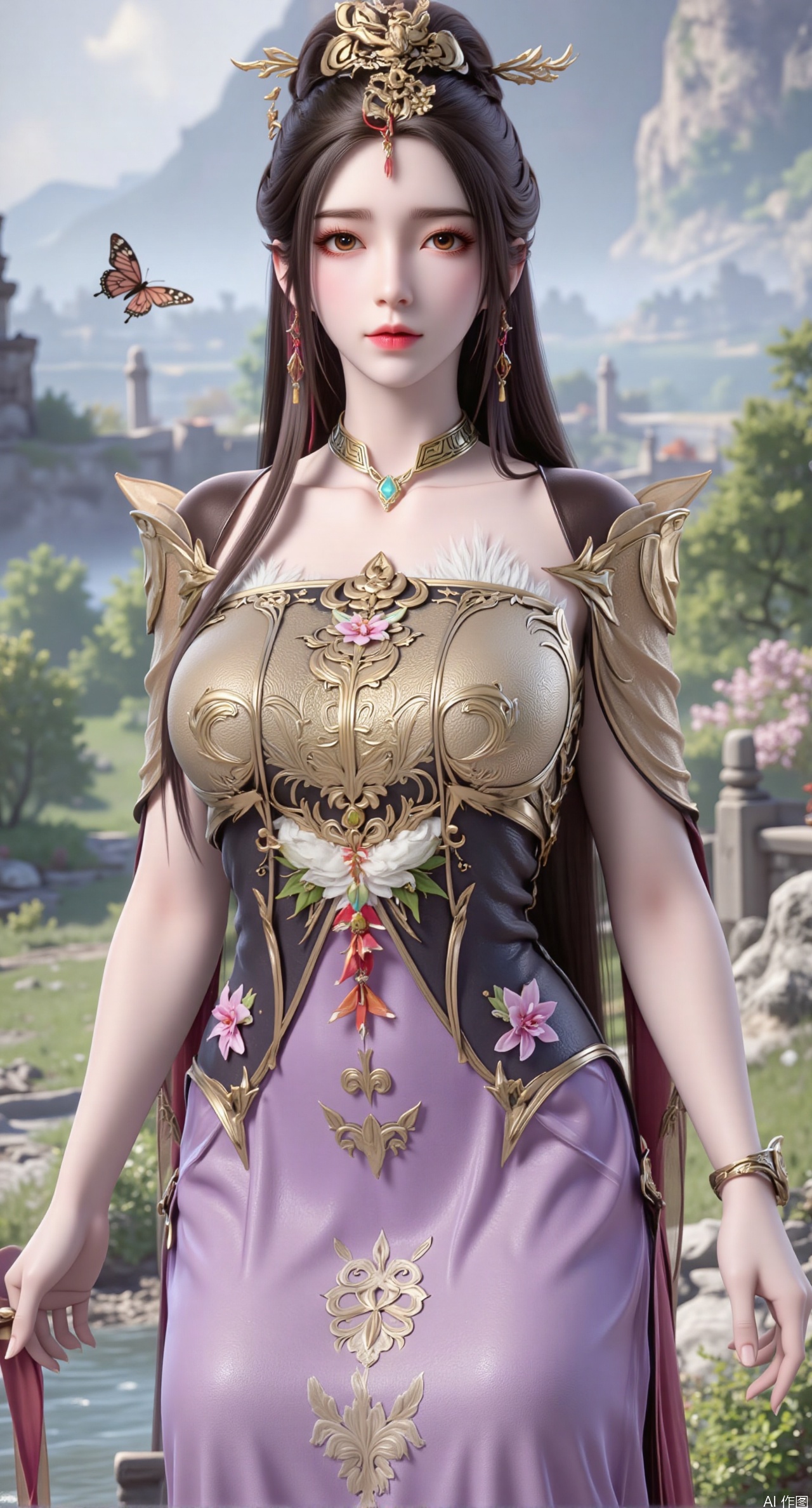 SFW,(masterpiece:1.2),best quality,An ancient fairy with black hair flowing in the wind, adorned with a wisteria blossom hairpin, with butterflies fluttering in her hair, adding softness and liveliness. She wears a light purple gauze dress embroidered with blooming wisteria and winter jasmine, paired with elegant purple high heels, showcasing the romance and liveliness of spring. Standing in a spring valley, surrounded by blooming wildflowers and tender green grass, with butterflies fluttering among the flowers, as if sharing the vitality and dreaminess of spring. Her expression is gentle and lively, her eyes filled with ethereal charm, as if she were the spirit of the spring valley. The background is distant green mountains and nearby wildflowers, creating a sense of dreaminess and vitality.(huge breasts:2.99),(full breasts:2.99),