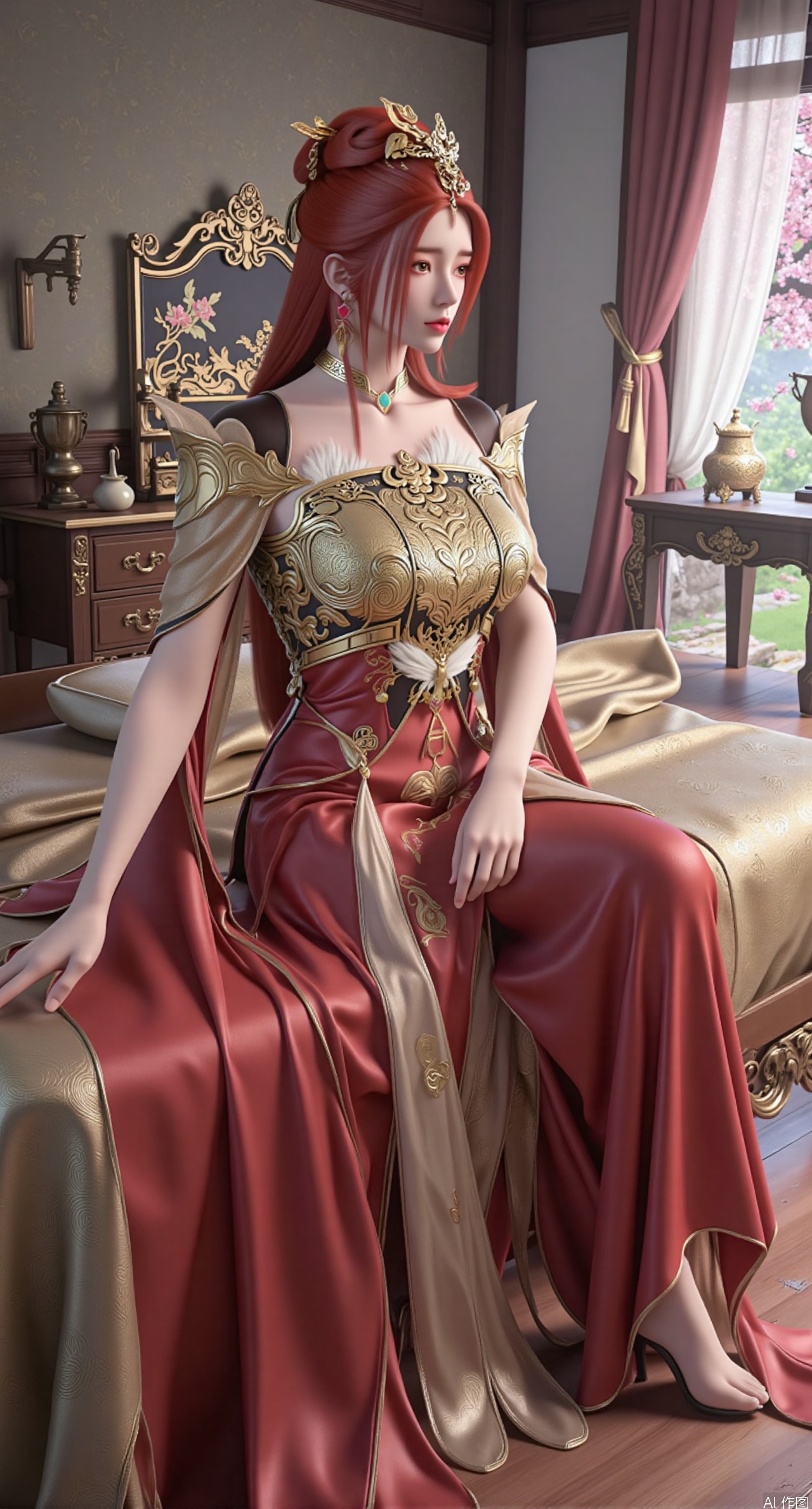 (masterpiece, best quality:1.2),Ancient Chinese boudoir scene, red|gold Hanfu dress ,sitting sideways on an intricately carved wooden bed, soft natural light filtering through sheer silk curtains, satin bedding with delicate sheen, detailed traditional Chinese Gongbi painting style, subtle celadon color palette, background featuring vintage dressing table and embroidered screen, falling plum blossom petals near window and wispy smoke from bronze incense burner, 8K resolution with intricate fabric draping and wood grain textures,,(huge breasts:2.99),(full breasts:2.89), 