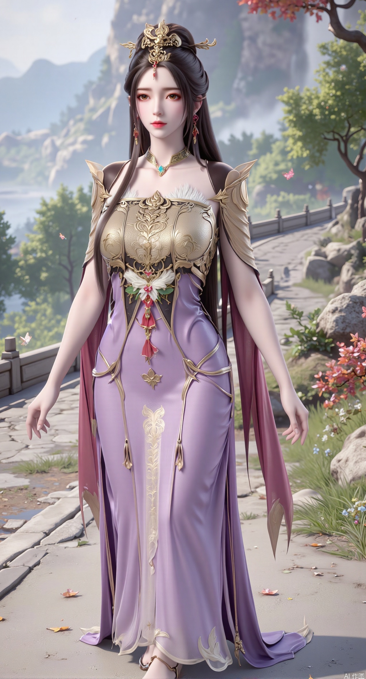 SFW,(masterpiece:1.2),best quality,An ancient fairy with black hair flowing in the wind, adorned with a wisteria blossom hairpin, with butterflies fluttering in her hair, adding softness and liveliness. She wears a light purple gauze dress embroidered with blooming wisteria and winter jasmine, paired with elegant purple high heels, showcasing the romance and liveliness of spring. Standing in a spring valley, surrounded by blooming wildflowers and tender green grass, with butterflies fluttering among the flowers, as if sharing the vitality and dreaminess of spring. Her expression is gentle and lively, her eyes filled with ethereal charm, as if she were the spirit of the spring valley. The background is distant green mountains and nearby wildflowers, creating a sense of dreaminess and vitality.(huge breasts:2.99),(full breasts:2.99),