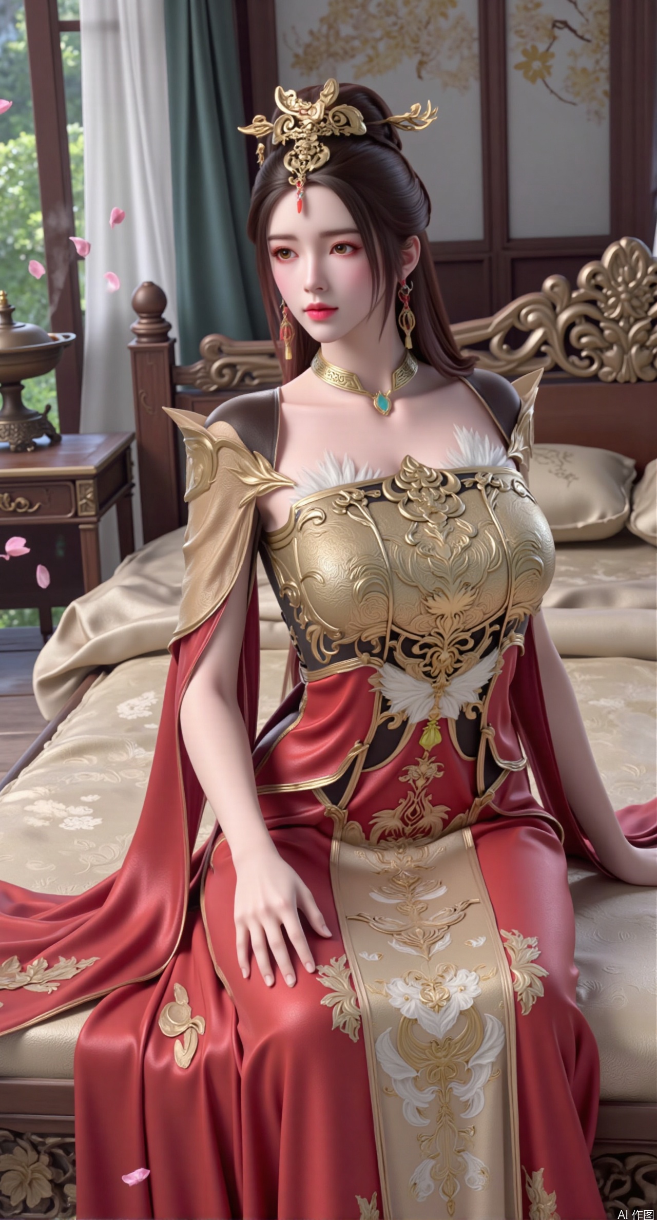 (masterpiece, best quality:1.2),Ancient Chinese boudoir scene, red|gold Hanfu dress ,sitting sideways on an intricately carved wooden bed, soft natural light filtering through sheer silk curtains, satin bedding with delicate sheen, detailed traditional Chinese Gongbi painting style, subtle celadon color palette, background featuring vintage dressing table and embroidered screen, falling plum blossom petals near window and wispy smoke from bronze incense burner, 8K resolution with intricate fabric draping and wood grain textures,,(huge breasts:2.99),(full breasts:2.89), 