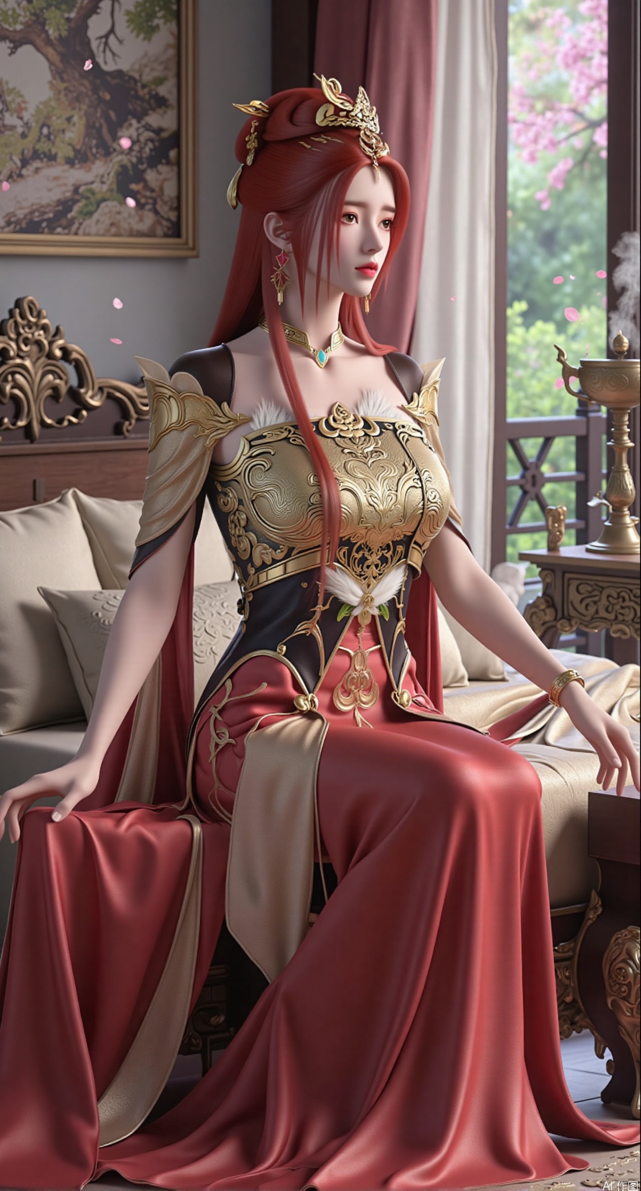 (masterpiece, best quality:1.2),Ancient Chinese boudoir scene, red|gold Hanfu dress ,sitting sideways on an intricately carved wooden bed, soft natural light filtering through sheer silk curtains, satin bedding with delicate sheen, detailed traditional Chinese Gongbi painting style, subtle celadon color palette, background featuring vintage dressing table and embroidered screen, falling plum blossom petals near window and wispy smoke from bronze incense burner, 8K resolution with intricate fabric draping and wood grain textures,,(huge breasts:2.99),(full breasts:2.89), 