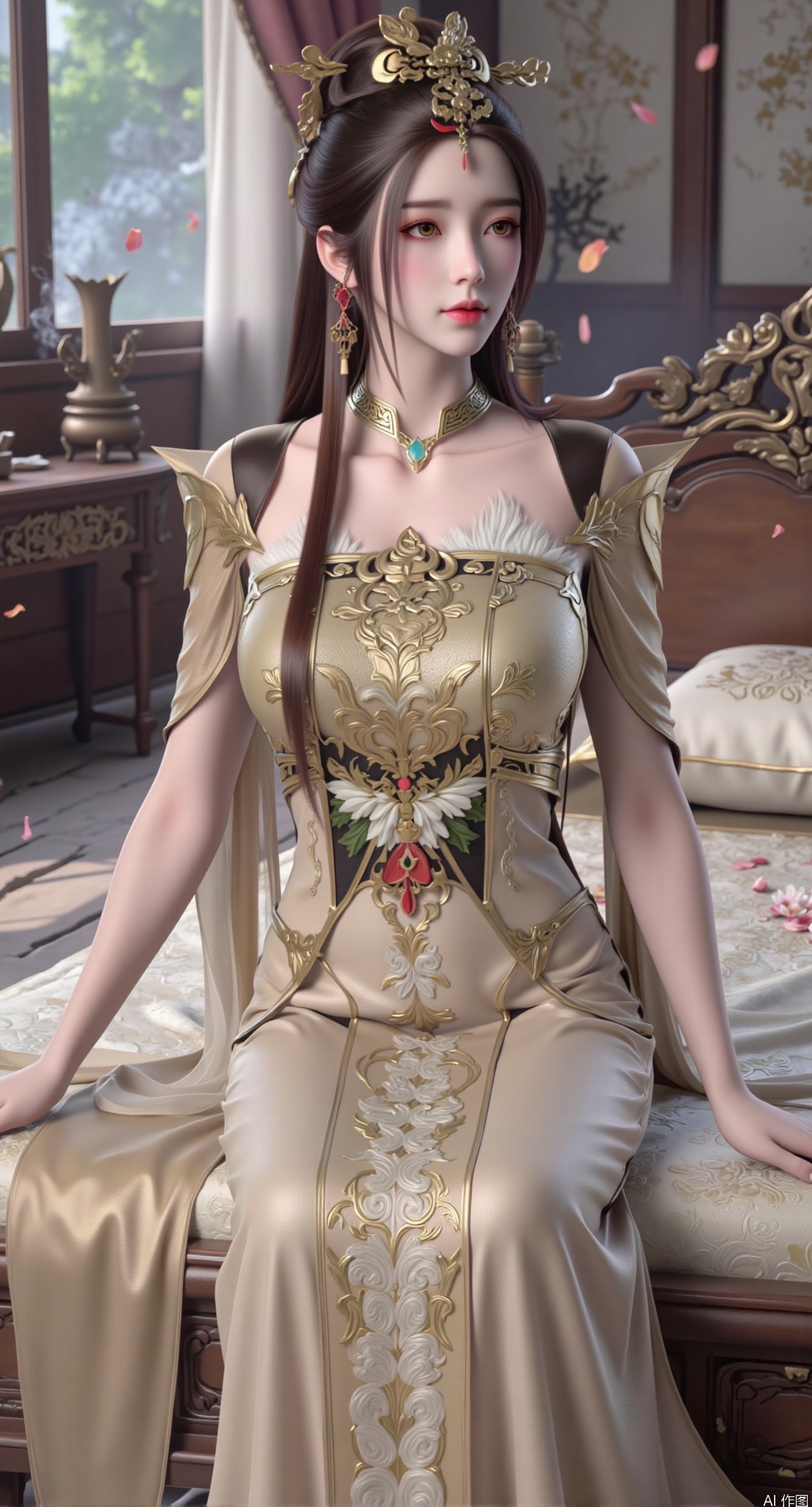 (masterpiece, best quality:1.2),Ancient Chinese boudoir scene, Hanfu dress ,sitting sideways on an intricately carved wooden bed, soft natural light filtering through sheer silk curtains, satin bedding with delicate sheen, detailed traditional Chinese Gongbi painting style, subtle celadon color palette, background featuring vintage dressing table and embroidered screen, falling plum blossom petals near window and wispy smoke from bronze incense burner, 8K resolution with intricate fabric draping and wood grain textures,,(huge breasts:2.99),(full breasts:2.89), 
