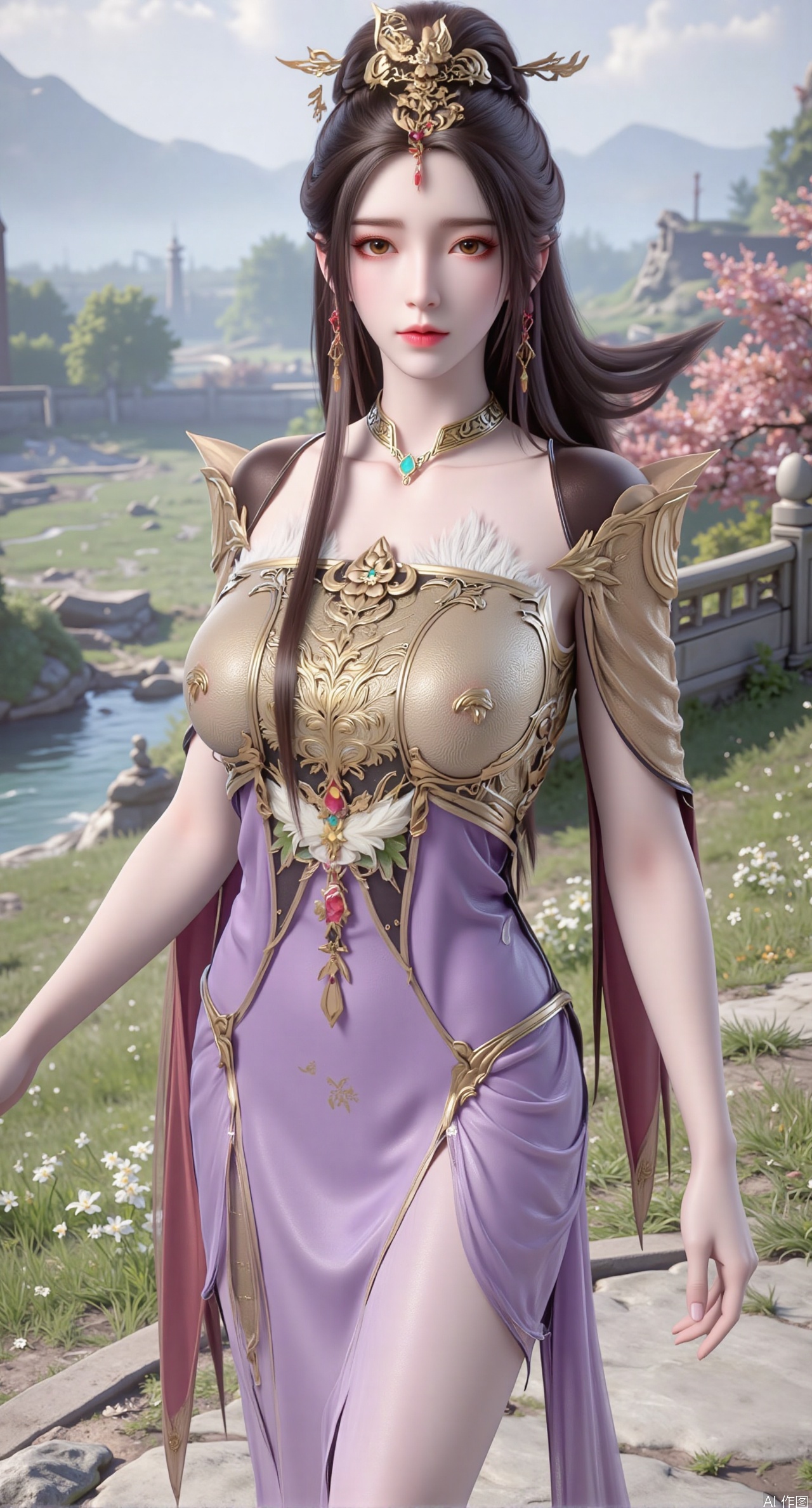 SFW,(masterpiece:1.2),best quality,An ancient fairy with black hair flowing in the wind, adorned with a wisteria blossom hairpin, with butterflies fluttering in her hair, adding softness and liveliness. She wears a light purple gauze dress embroidered with blooming wisteria and winter jasmine, paired with elegant purple high heels, showcasing the romance and liveliness of spring. Standing in a spring valley, surrounded by blooming wildflowers and tender green grass, with butterflies fluttering among the flowers, as if sharing the vitality and dreaminess of spring. Her expression is gentle and lively, her eyes filled with ethereal charm, as if she were the spirit of the spring valley. The background is distant green mountains and nearby wildflowers, creating a sense of dreaminess and vitality.(huge breasts:2.99),(full breasts:2.99),