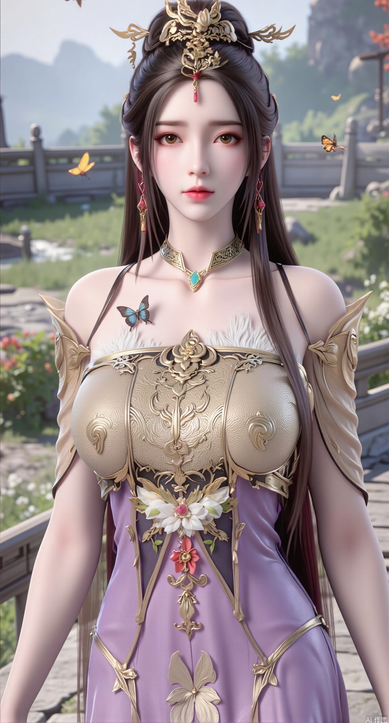 SFW,(masterpiece:1.2),best quality,An ancient fairy with black hair flowing in the wind, adorned with a wisteria blossom hairpin, with butterflies fluttering in her hair, adding softness and liveliness. She wears a light purple gauze dress embroidered with blooming wisteria and winter jasmine, paired with elegant purple high heels, showcasing the romance and liveliness of spring. Standing in a spring valley, surrounded by blooming wildflowers and tender green grass, with butterflies fluttering among the flowers, as if sharing the vitality and dreaminess of spring. Her expression is gentle and lively, her eyes filled with ethereal charm, as if she were the spirit of the spring valley. The background is distant green mountains and nearby wildflowers, creating a sense of dreaminess and vitality.(huge breasts:2.99),(full breasts:2.99),
