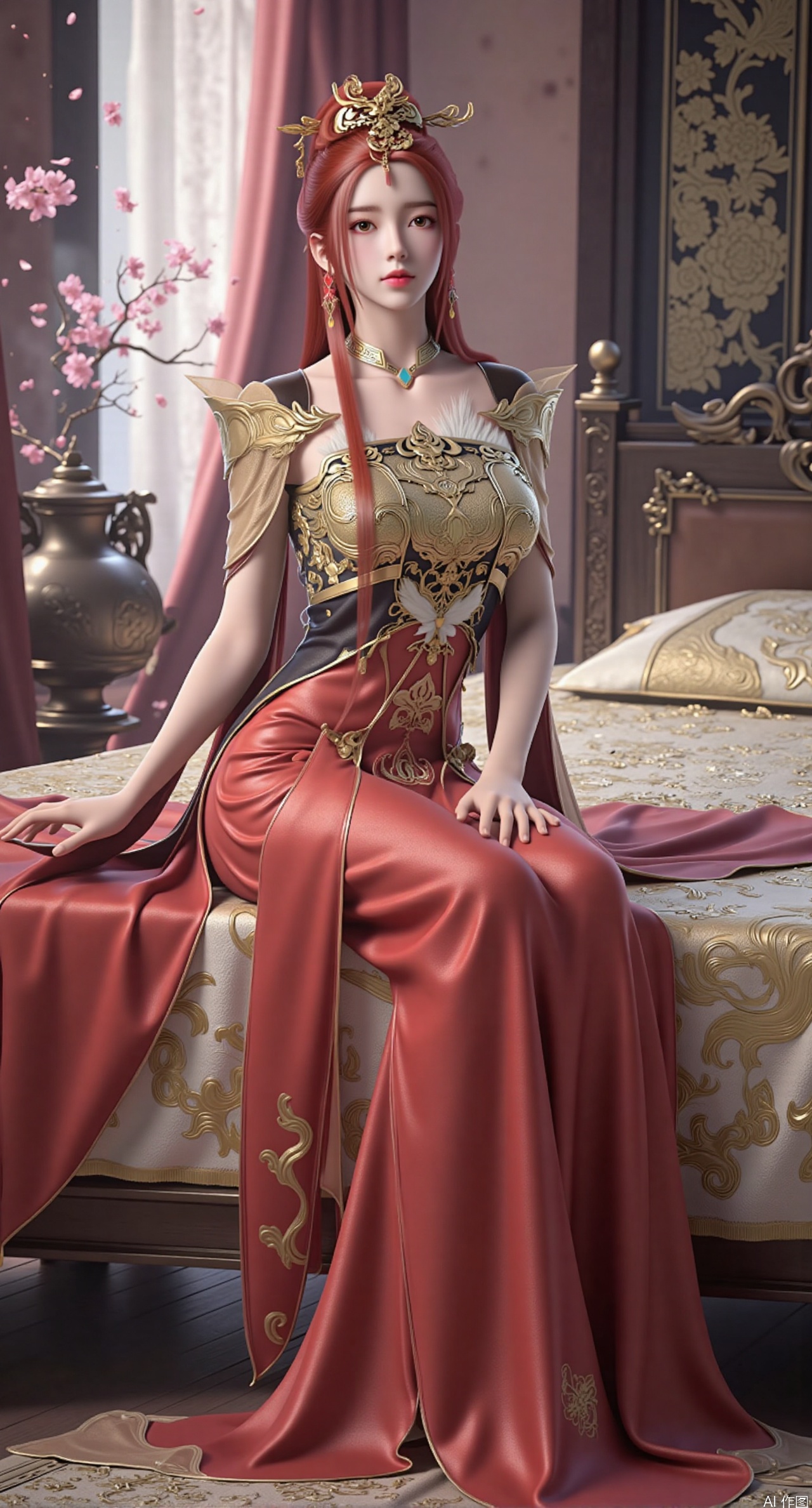 (masterpiece, best quality:1.2),Ancient Chinese boudoir scene, red|gold Hanfu dress ,sitting sideways on an intricately carved wooden bed, soft natural light filtering through sheer silk curtains, satin bedding with delicate sheen, detailed traditional Chinese Gongbi painting style, subtle celadon color palette, background featuring vintage dressing table and embroidered screen, falling plum blossom petals near window and wispy smoke from bronze incense burner, 8K resolution with intricate fabric draping and wood grain textures,,(huge breasts:2.99),(full breasts:2.89), 