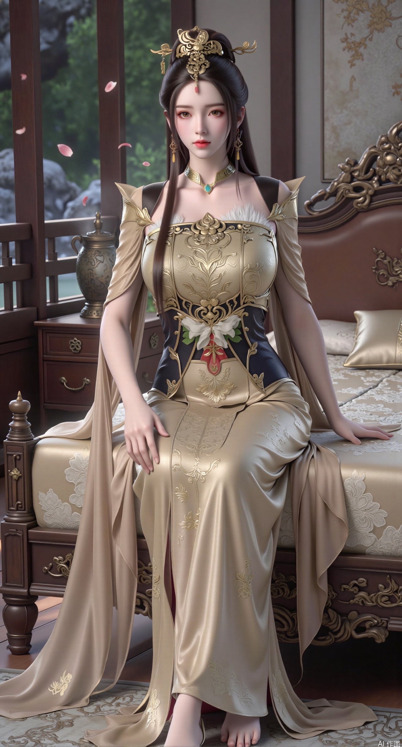 (masterpiece, best quality:1.2),Ancient Chinese boudoir scene, Hanfu dress ,sitting sideways on an intricately carved wooden bed, soft natural light filtering through sheer silk curtains, satin bedding with delicate sheen, detailed traditional Chinese Gongbi painting style, subtle celadon color palette, background featuring vintage dressing table and embroidered screen, falling plum blossom petals near window and wispy smoke from bronze incense burner, 8K resolution with intricate fabric draping and wood grain textures,,(huge breasts:2.99),(full breasts:2.89), 