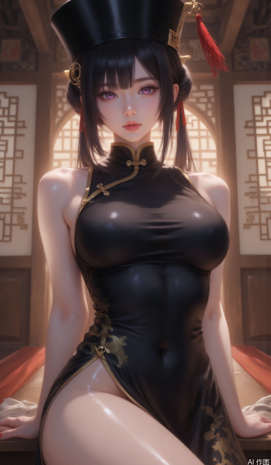 1girl, solo, looking at viewer, bangs, large breasts, black hair, hat, dress, bare shoulders, purple eyes, cowboy shot, parted lips, sleeveless, indoors, hair bun, nail polish, black dress, lips, bare arms, black headwear, double bun, covered navel, sleeveless dress, chinese clothes, china dress, pelvic curtain, 