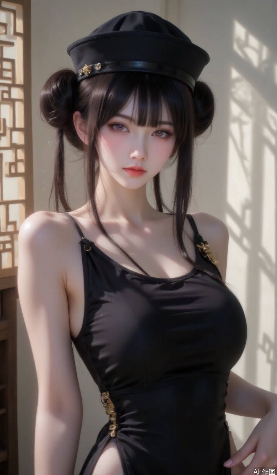1girl, solo, looking at viewer, bangs, large breasts, black hair, hat, dress, bare shoulders, purple eyes, cowboy shot, parted lips, sleeveless, indoors, hair bun, nail polish, black dress, lips, bare arms, black headwear, double bun, covered navel, sleeveless dress, chinese clothes, china dress, pelvic curtain, 
