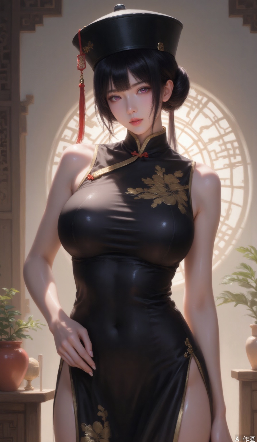 1girl, solo, looking at viewer, bangs, large breasts, black hair, hat, dress, bare shoulders, purple eyes, cowboy shot, parted lips, sleeveless, indoors, hair bun, nail polish, black dress, lips, bare arms, black headwear, double bun, covered navel, sleeveless dress, chinese clothes, china dress, pelvic curtain, 