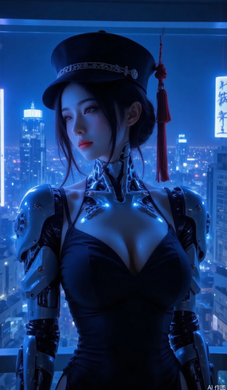 1girl, solo, dress, chinese clothes, black dress, robotic arms,hat, cyborg, cleavage, cyberpunk, blue style, neon lights,over the city,glowing