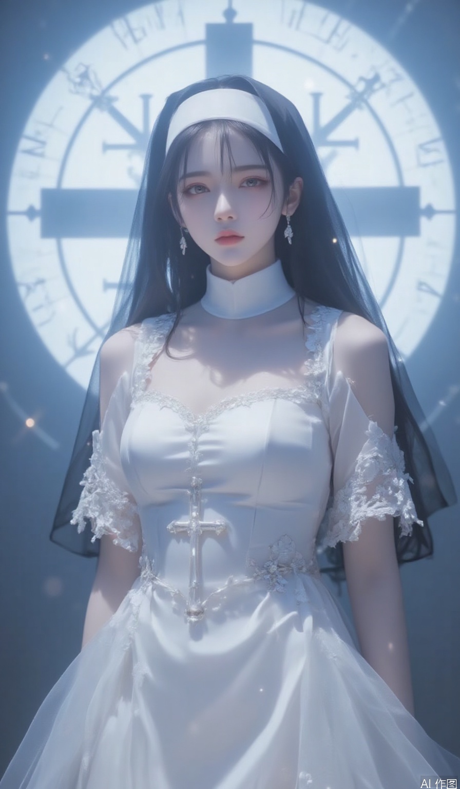 1girl, solo, dress, nun,bangs, white dress, cross, church,veil,jewelry,pelvic curtain,from below